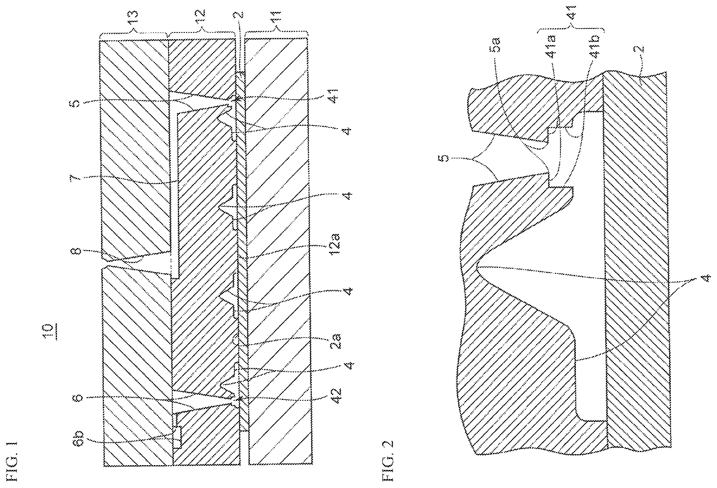 Patent US12403637 Figure 1 – Molding die for molding an endless-shaped gasket made of an elastic material along a surface of a plate-like base material