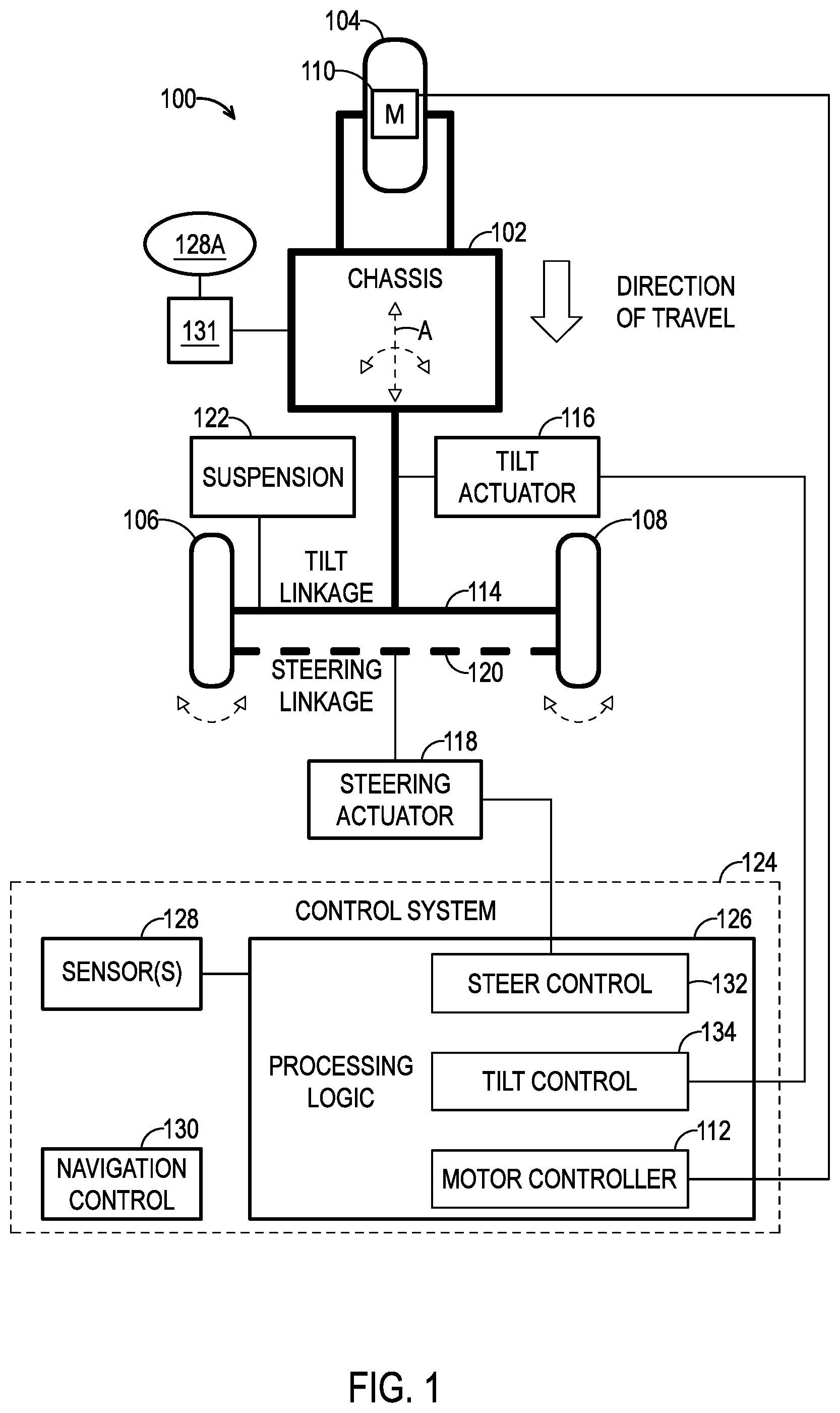 Patent US12403744 — Tiltable chassis for a three-wheeled vehicle — Figure 1