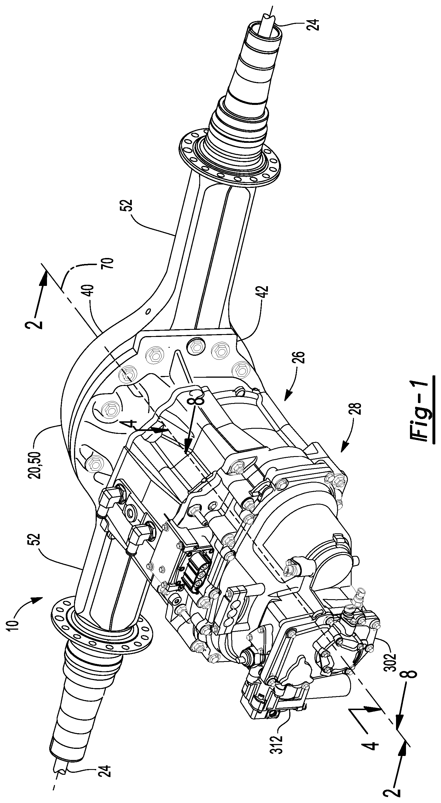 Patent US12403762 Figure 1 – Axle assembly having a shift mechanism