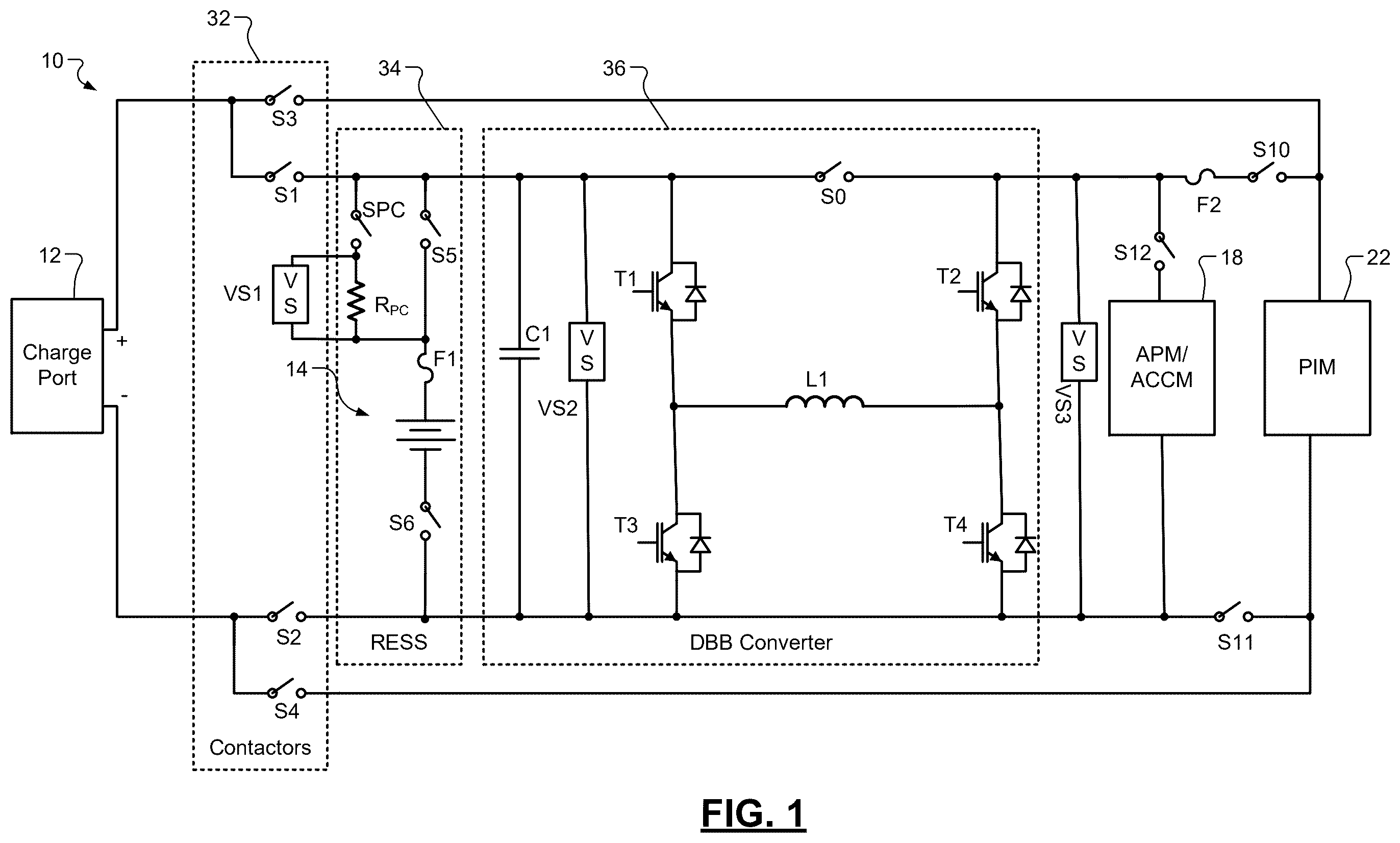 Patent US12403777 — Power control system for DC-DC converter and inverter pre-charging and shutdown — Figure 1