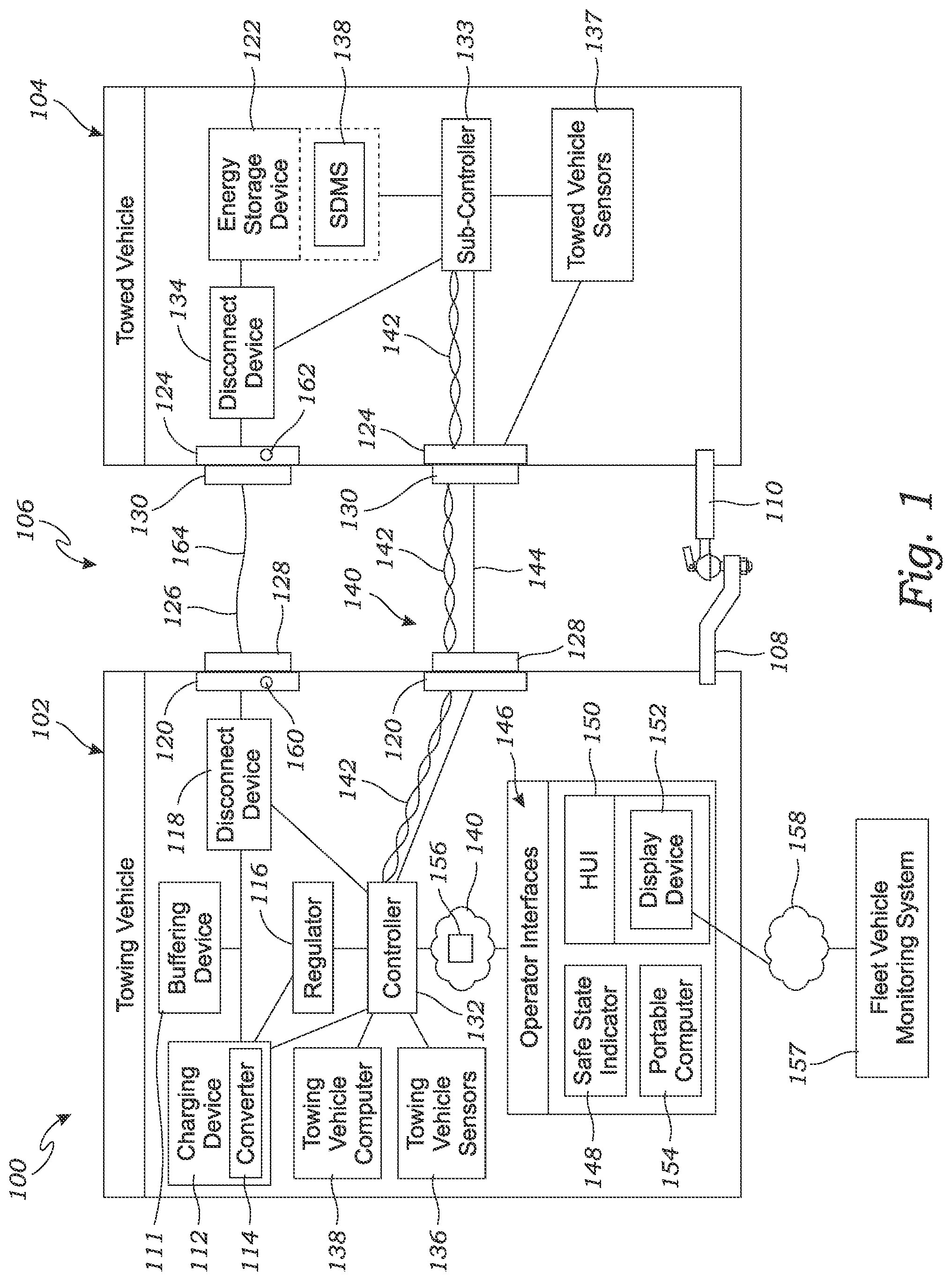 Patent US12403782 — Power charging system and control system for towing vehicle and towed vehicle connectable to towing vehicle — Figure 1