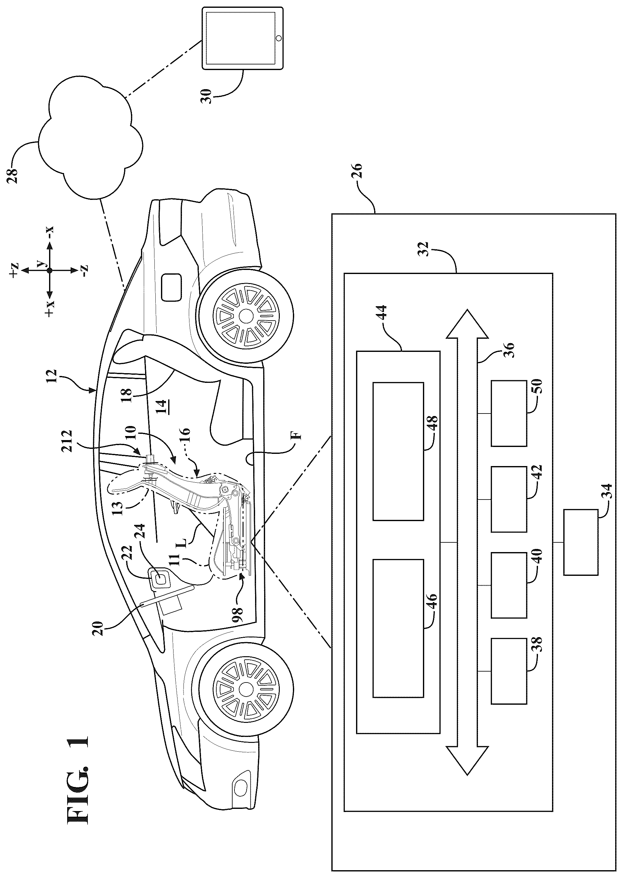 Patent US12403803 Figure 1 – Seat assemblies having fixed frames and movable seat cushions and movable seat backs with vertical dampers and clamps coupling the vertical dampers to the fixed frames