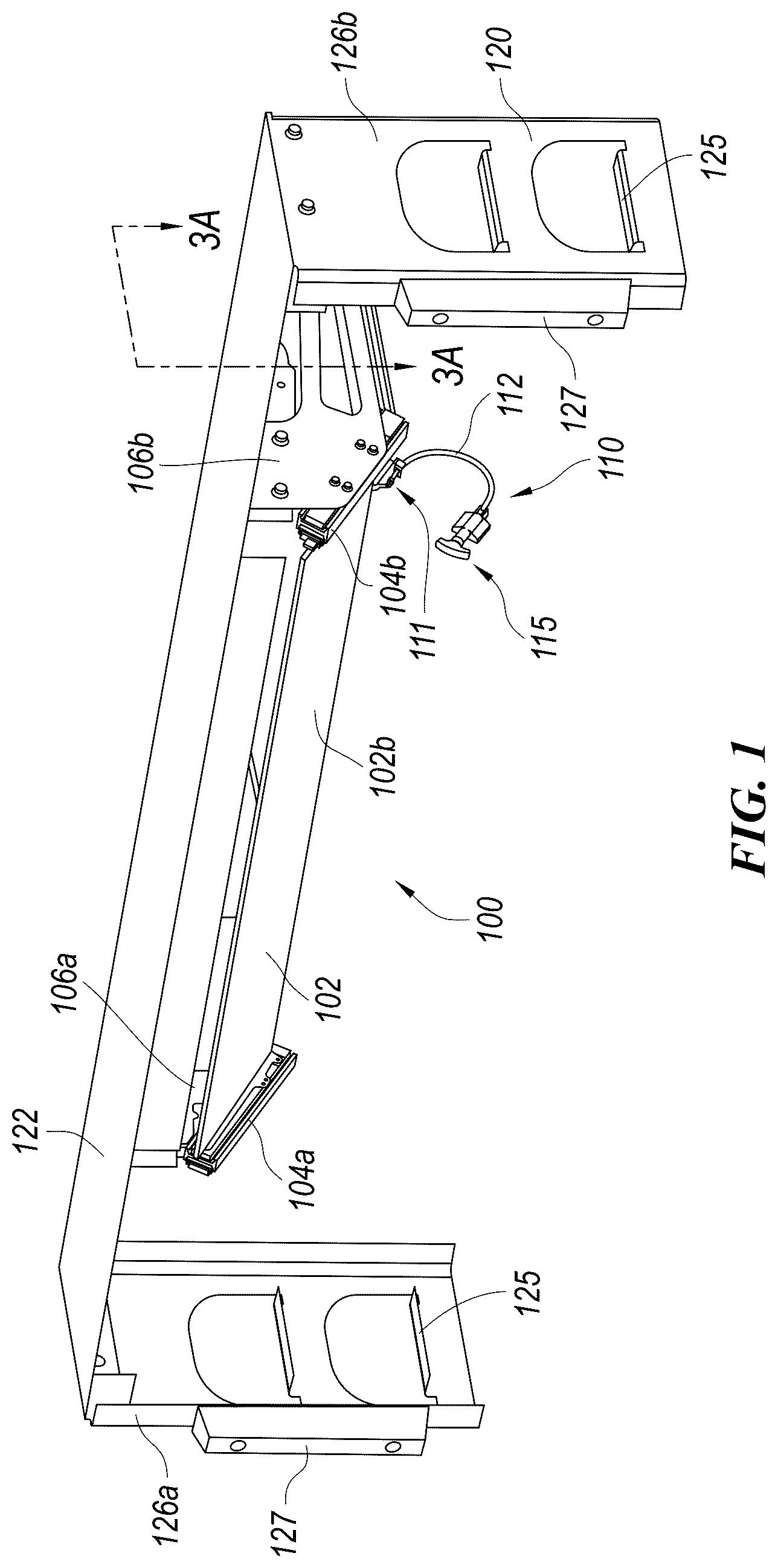 Patent US12403809 — Transfer ramp systems for loading, unloading, or transferring cargo between one or more commercial vehicles and associated systems, devices, and methods — Figure 1