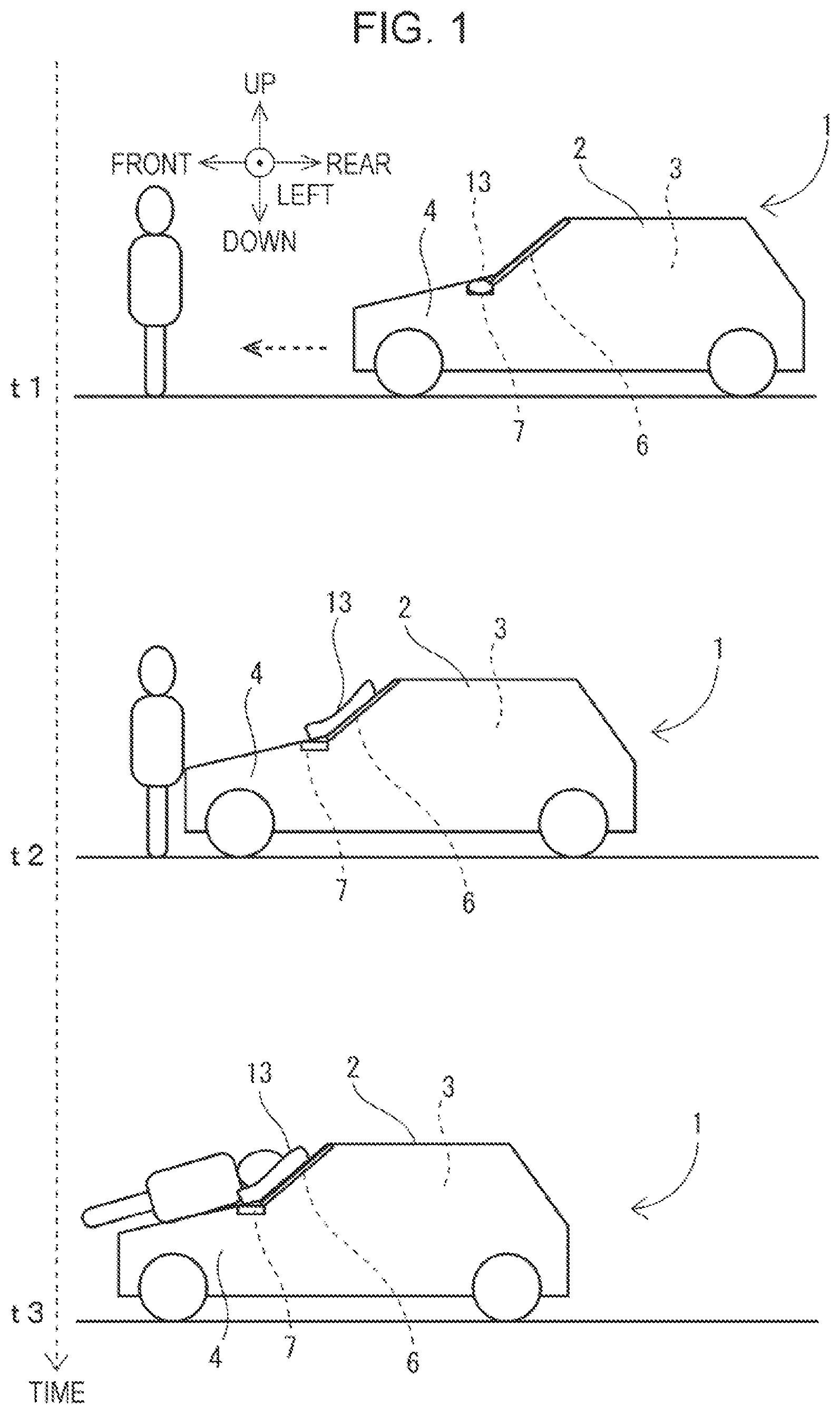 Patent US12403861 — Vehicle external airbag device for vehicle — Figure 1