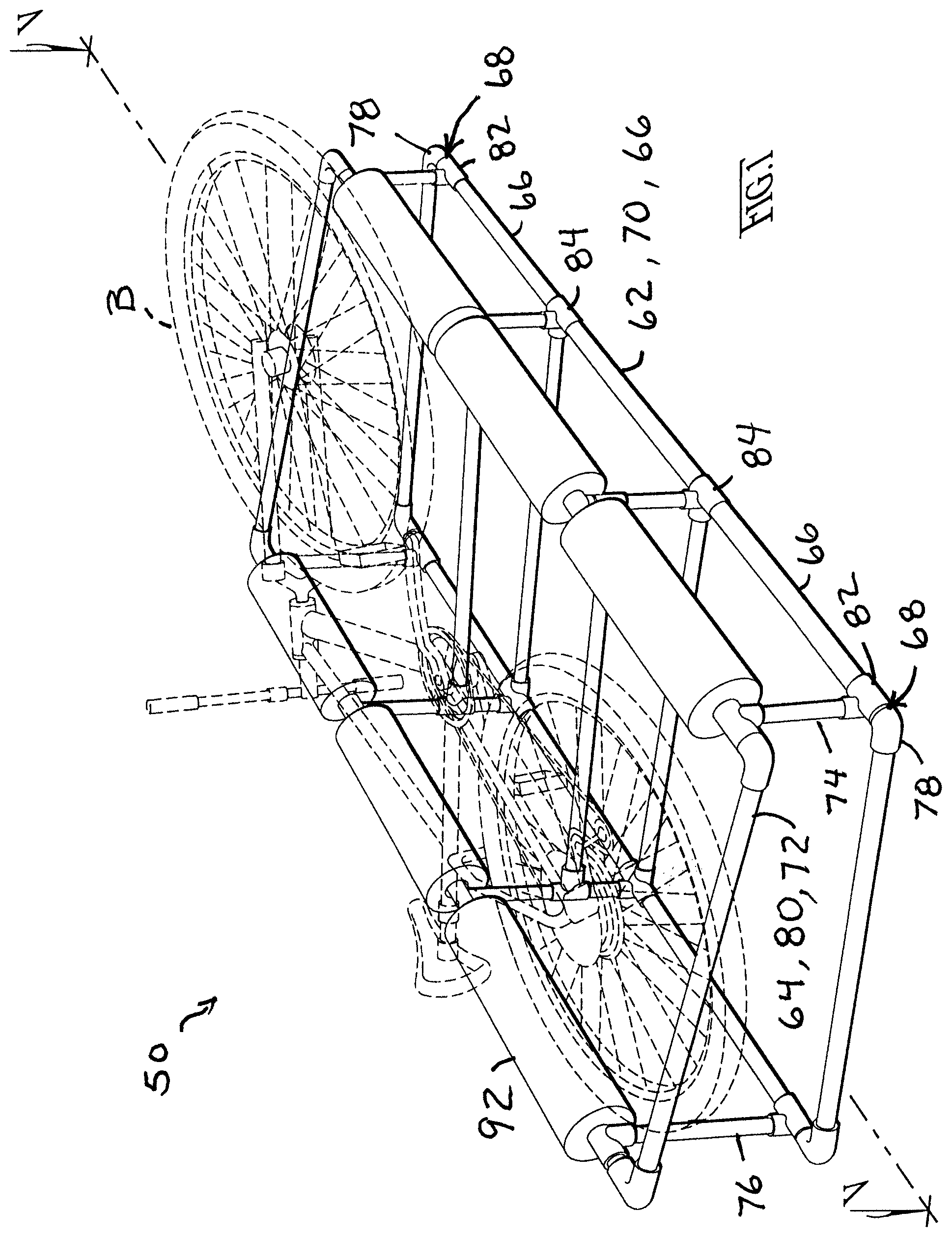 Patent US12403969 — Frame rack for hanging bicycle storage and stretcher-manner of loading/unloading and bicycle ferrying in vehicles, especially through upward swinging rear doors — Figure 1