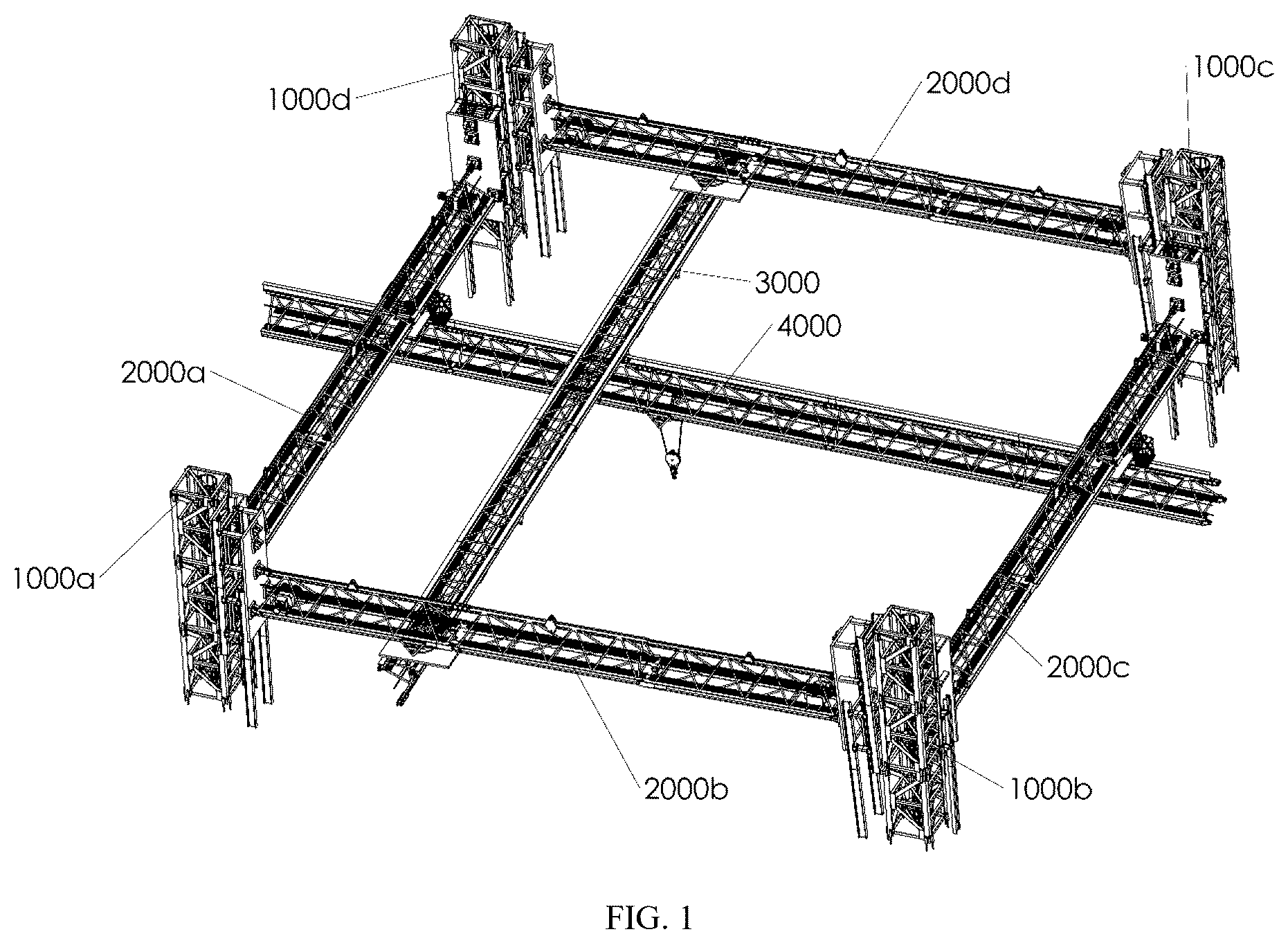 Patent US12410039 — Multi-tower linkage type aerial hoisting platform — Figure 1
