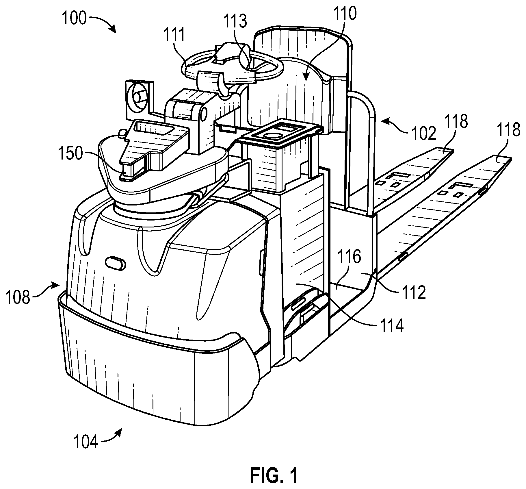 Patent US12410045 — Systems and methods for evaluation of vehicle parameters of a remotely controllable material handling vehicle — Figure 1