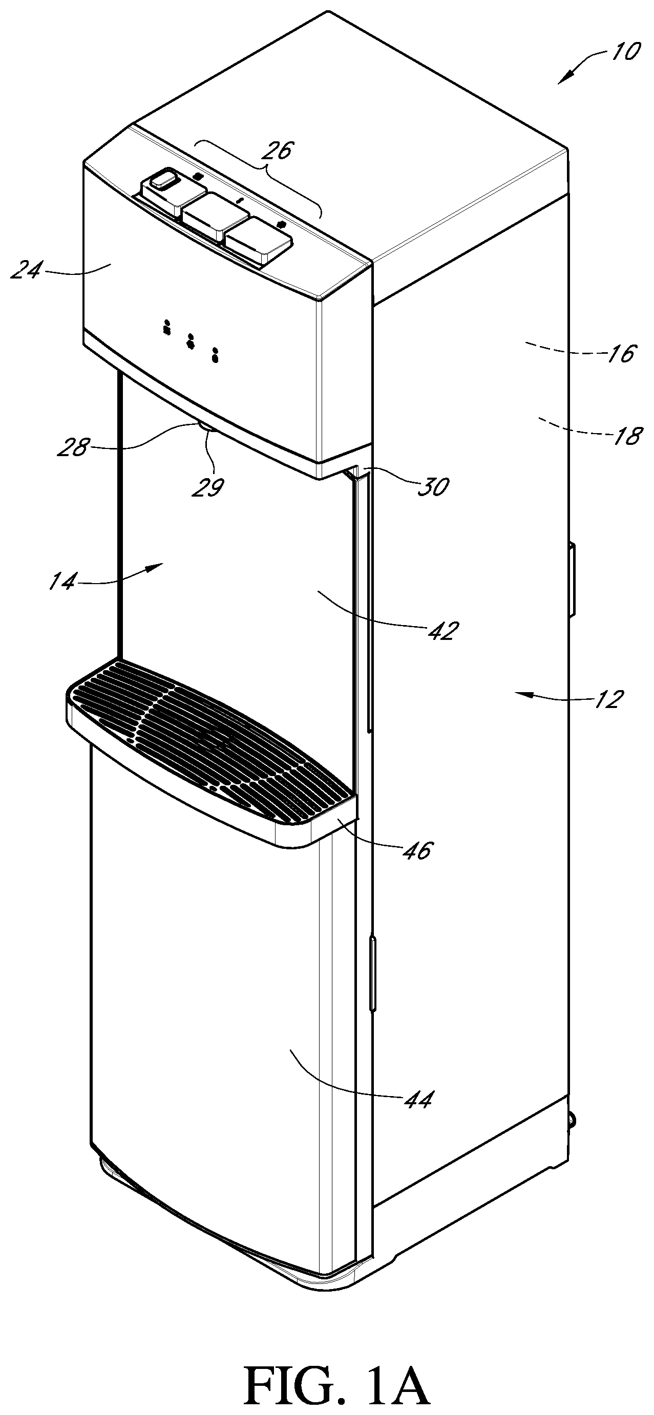 Patent US12410047 Figure 1 – Bottom load water dispenser with an elongated dispensing area