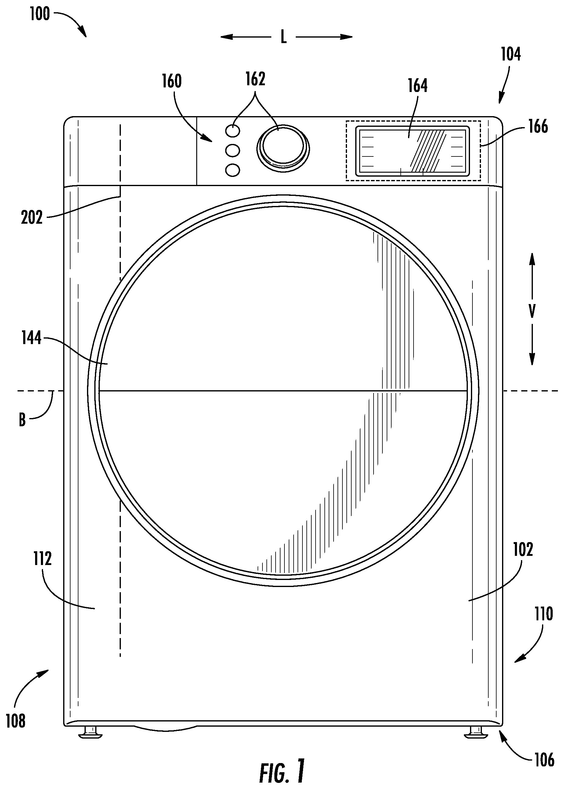 Patent US12410550 Figure 1 – Laundry appliance door for treatment of non-moving articles