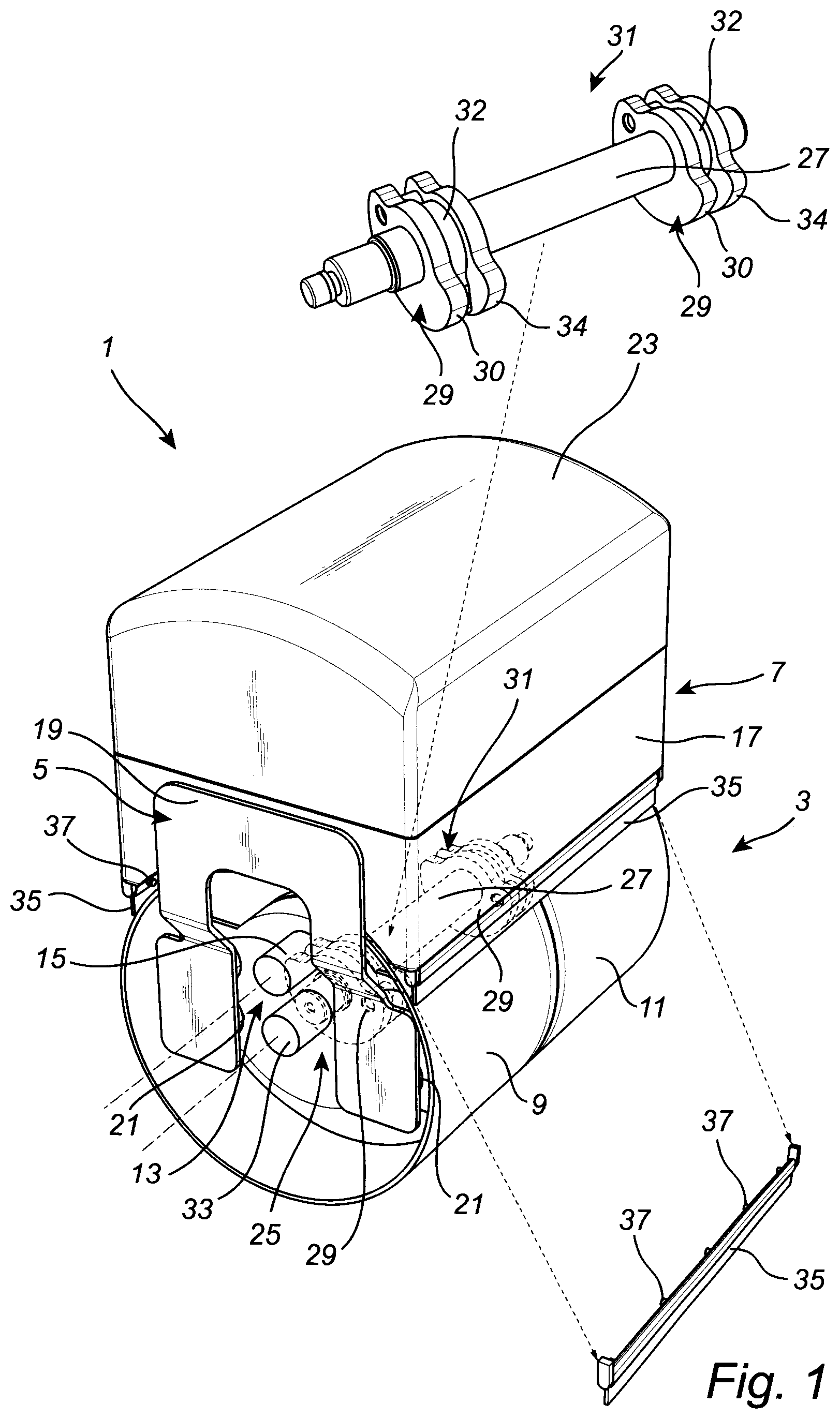 Patent US12410565 Figure 1 – Compacting roller with an electronic balancing system for maintaining the roller in an upright position