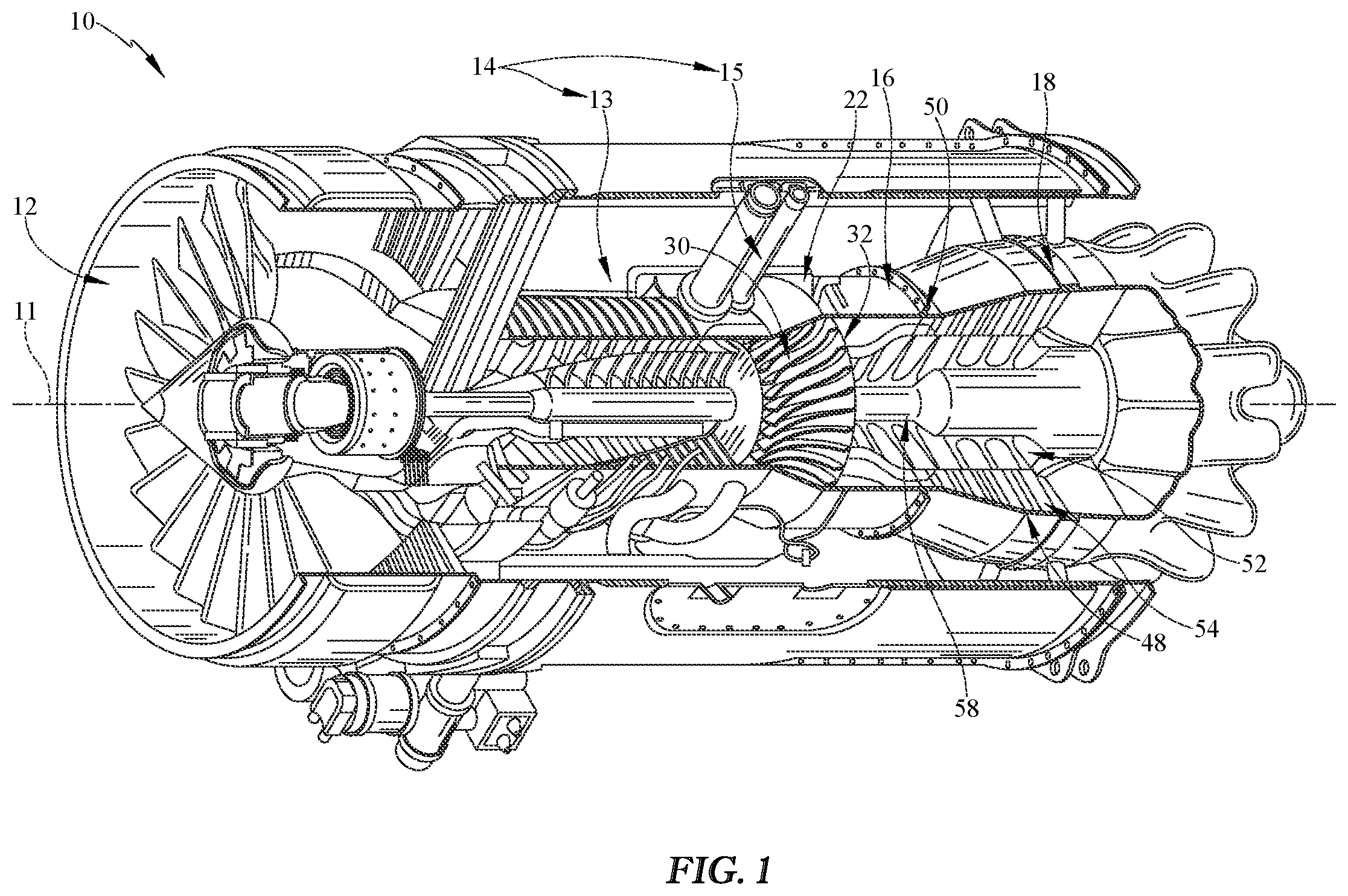 Patent US12410745 Figure 1 – Turbine engine with centrifugal compressor having impeller backplate offtake