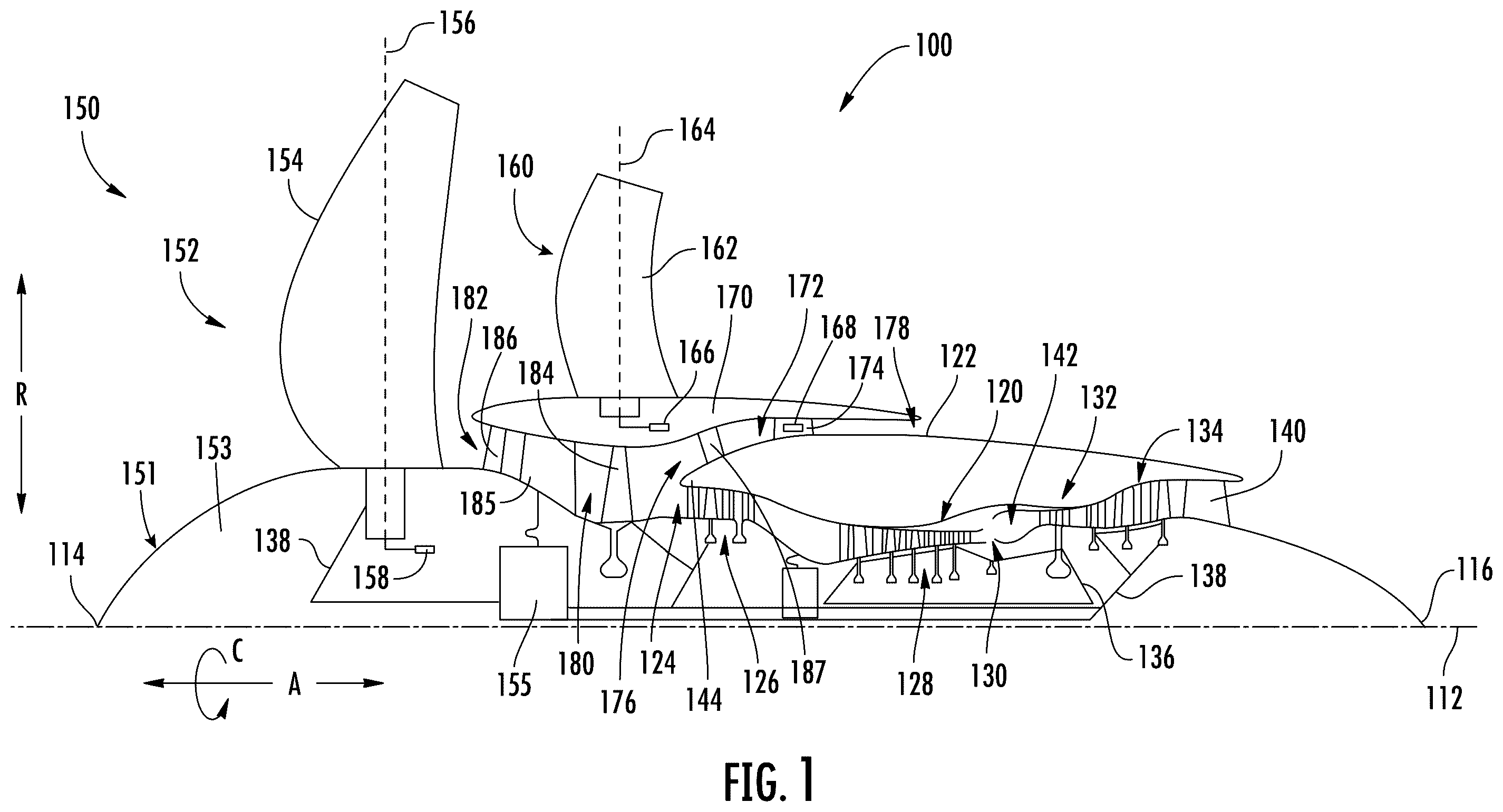 Patent US12410749 — Engine having an open fan with reduced boundary layer induced distortion — Figure 1