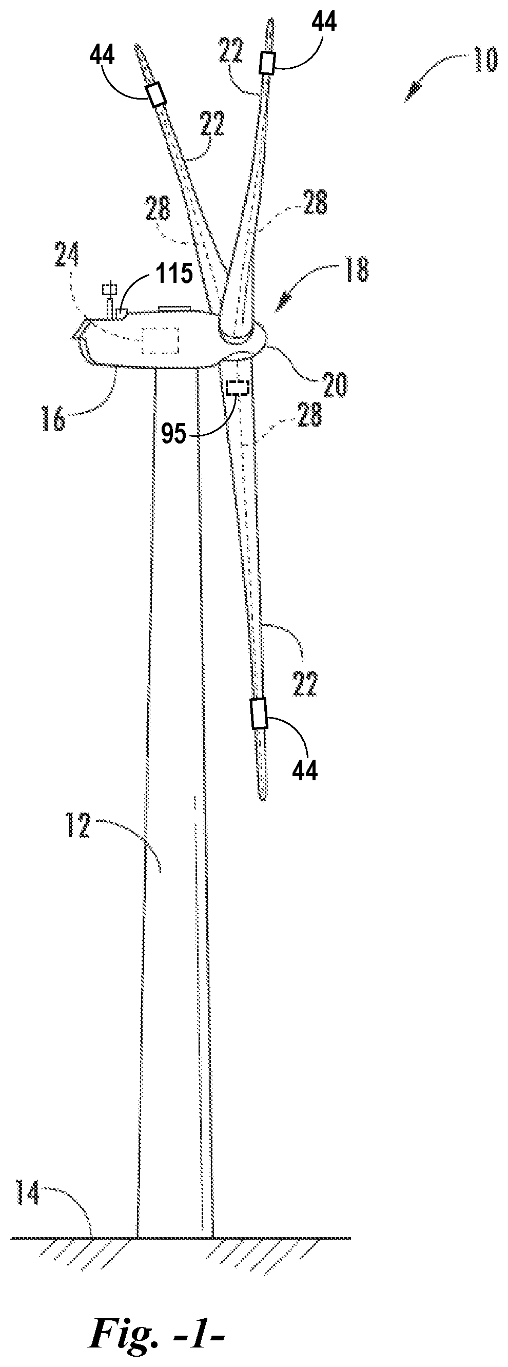Patent US12410773 — System and method for use of a tunable mechanical mass damper to reduce vibrations in wind turbine blades in a locked or idling condition of the rotor hub — Figure 1