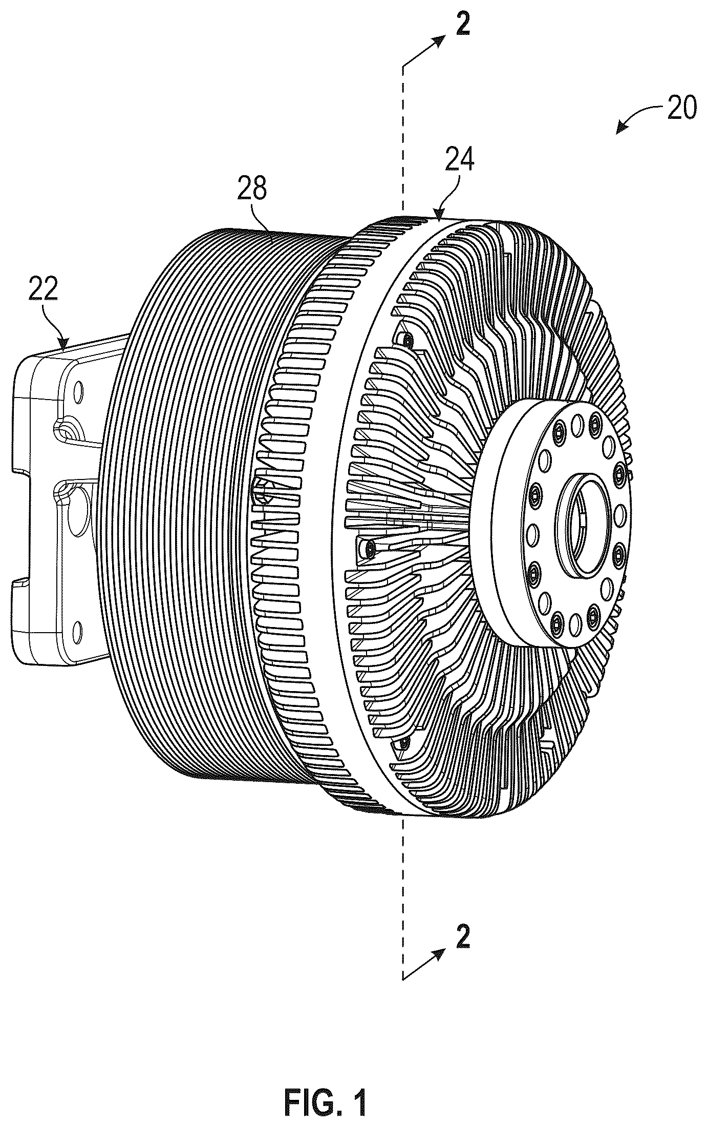Patent US12410836 — Viscous clutch with front-mounted electromagnetic coil, modular valve and front hub subassemblies for a viscous clutch, and method of making — Figure 1