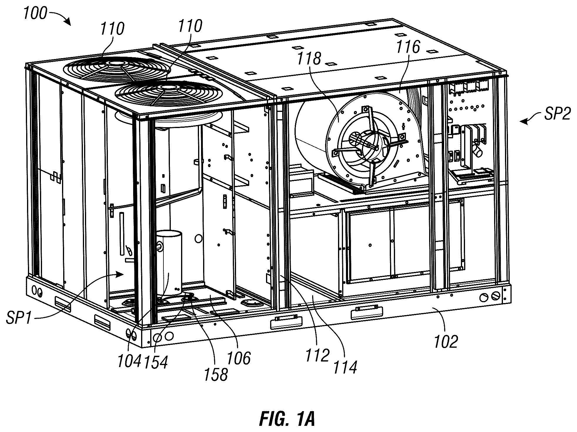 Patent US12410943 — Heating, ventilation, and air conditioning system with tiered multi-level base pan — Figure 1