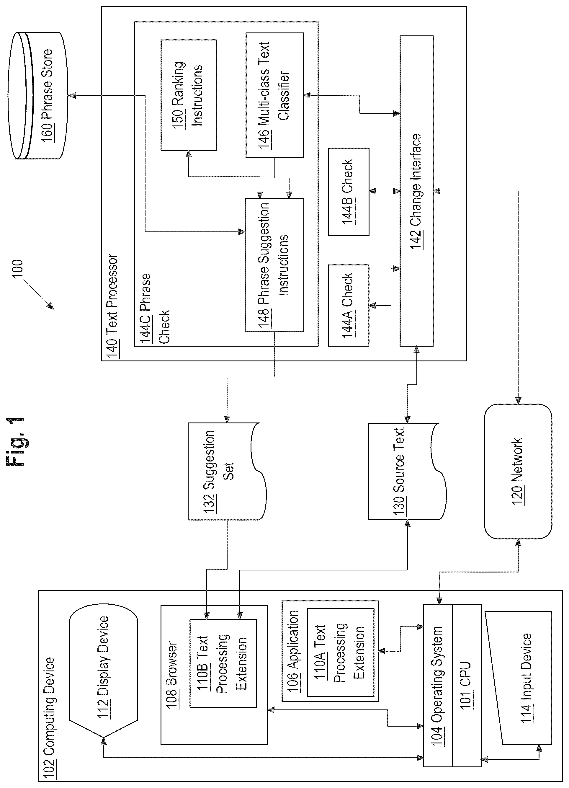 Patent US12417350 — Intent-based suggestion of added phrases in a text editor — Figure 1