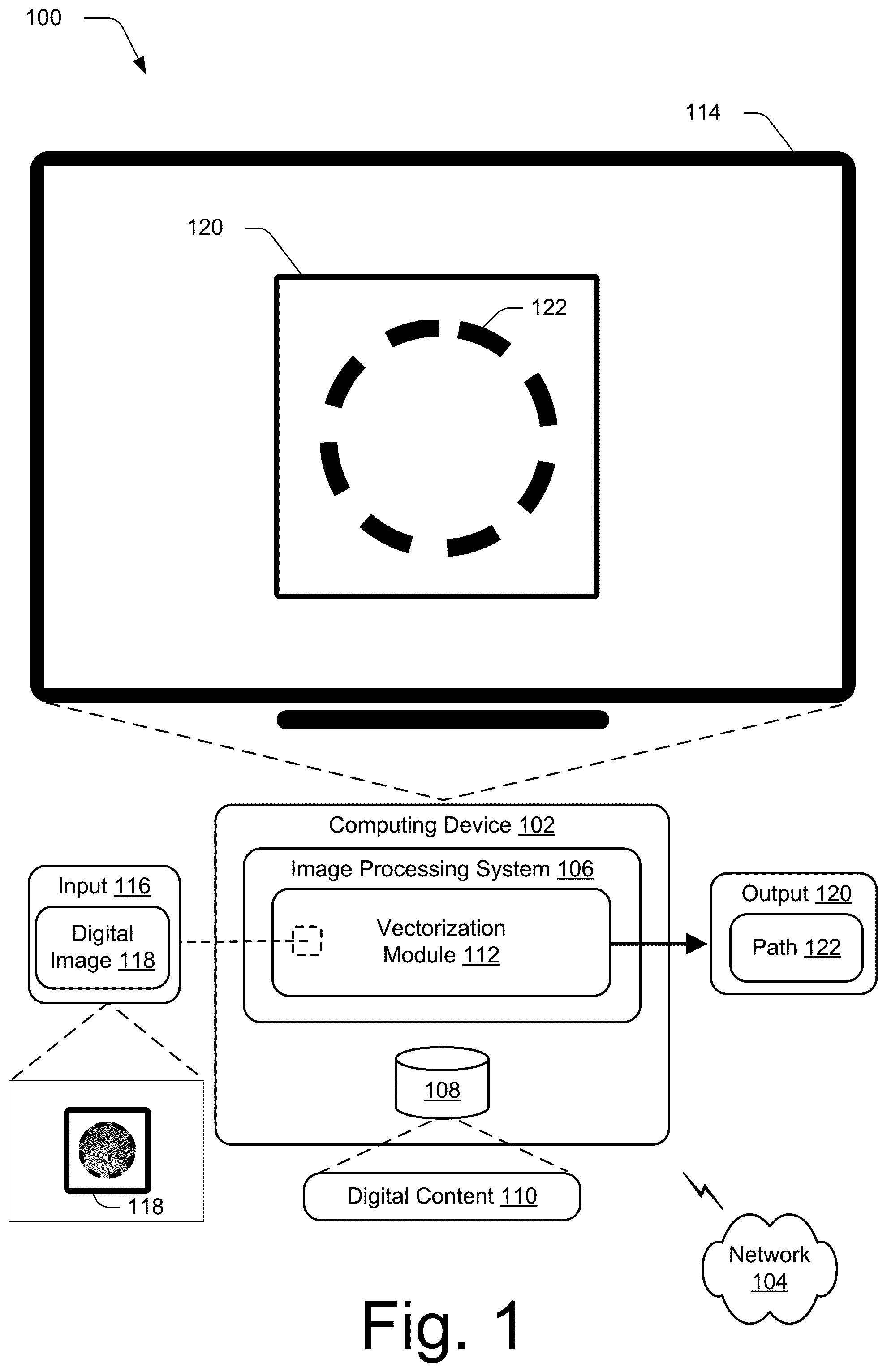 Patent US12417570 — Vectorizing by piecewise deconstruction of object strokes — Figure 1