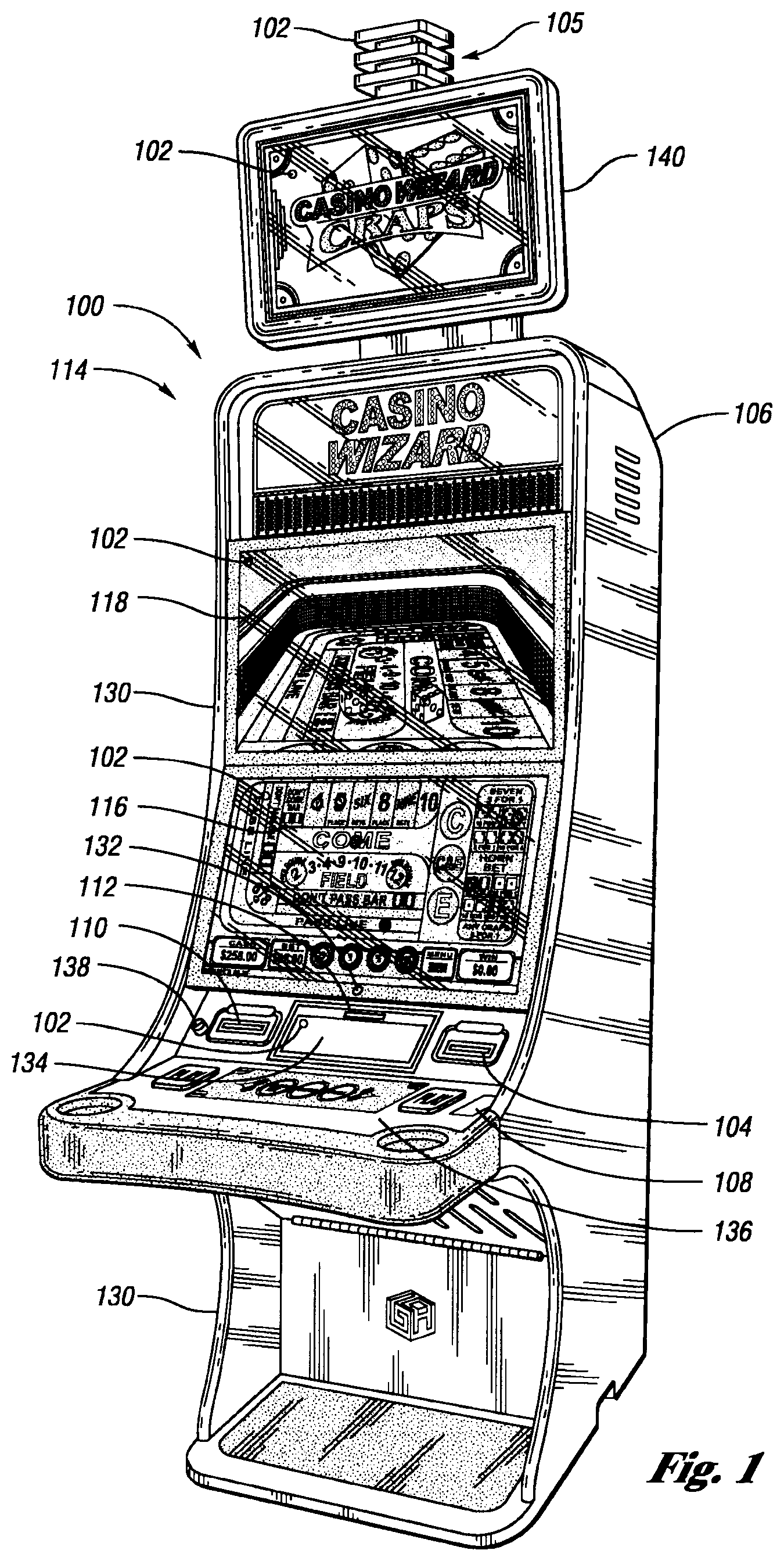 Patent US12417677 — Systems and methods for offering a plurality of electronic table games of chance on an electronic gaming machine including side bets to increase hold — Figure 1