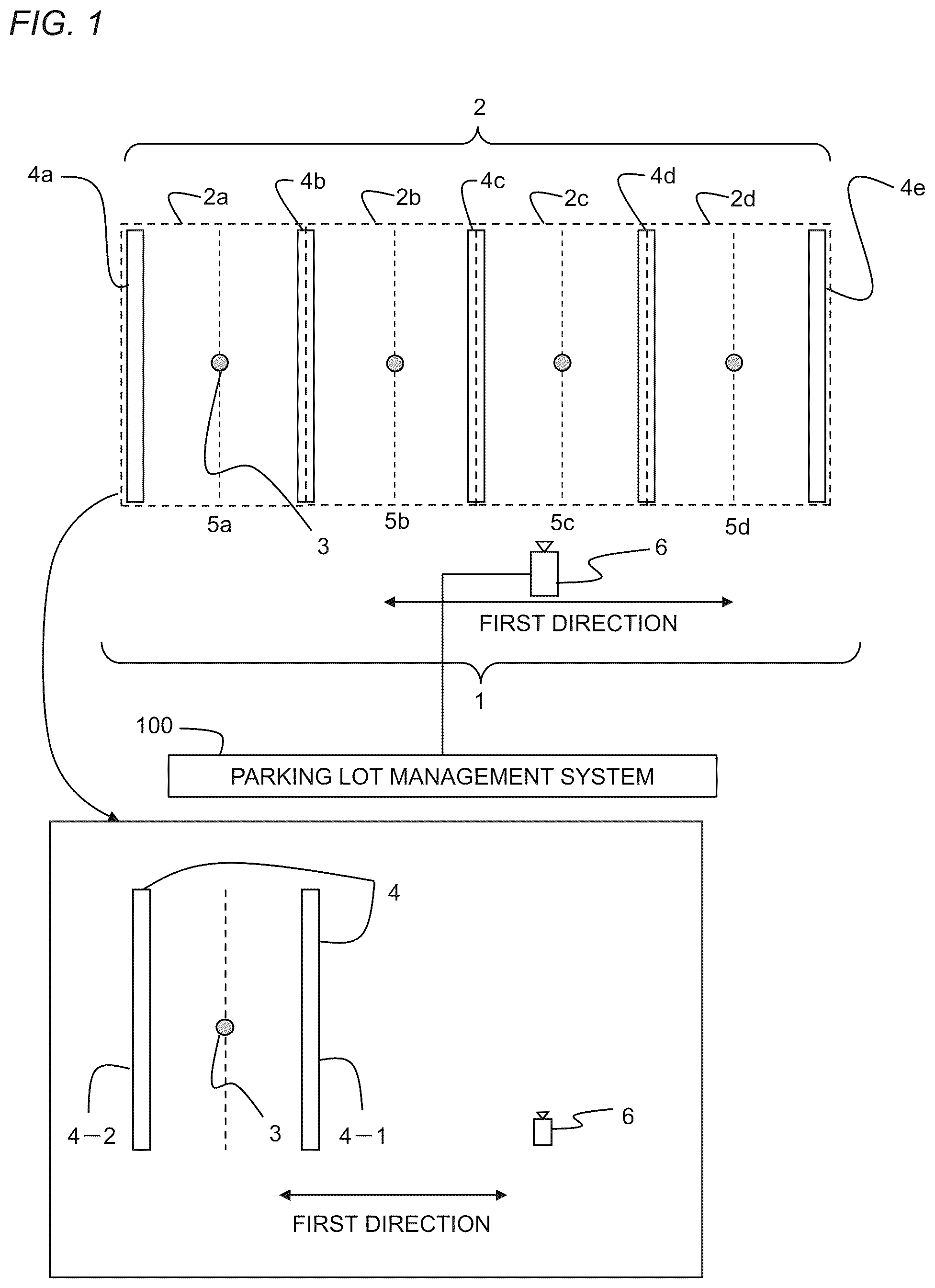 Patent US12417704 — Parking lot, parking lot management system, and parking lot management method that determines a usage status of each of a plurality of parking spaces — Figure 1