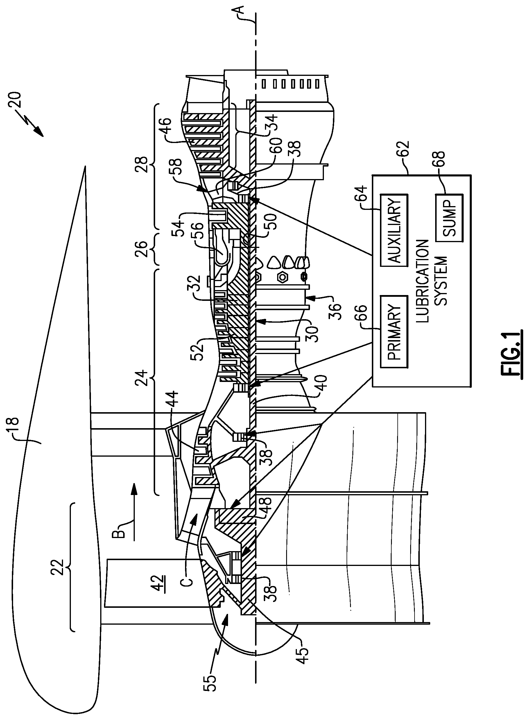 Patent US12422038 — Geared architecture gas turbine engine with planetary gear oil scavenge — Figure 1