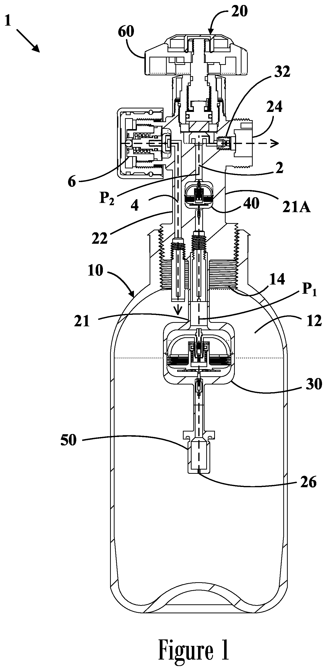 Patent US12422100 — Gas storage and dispensing container and a method of dispensing therefrom — Figure 1