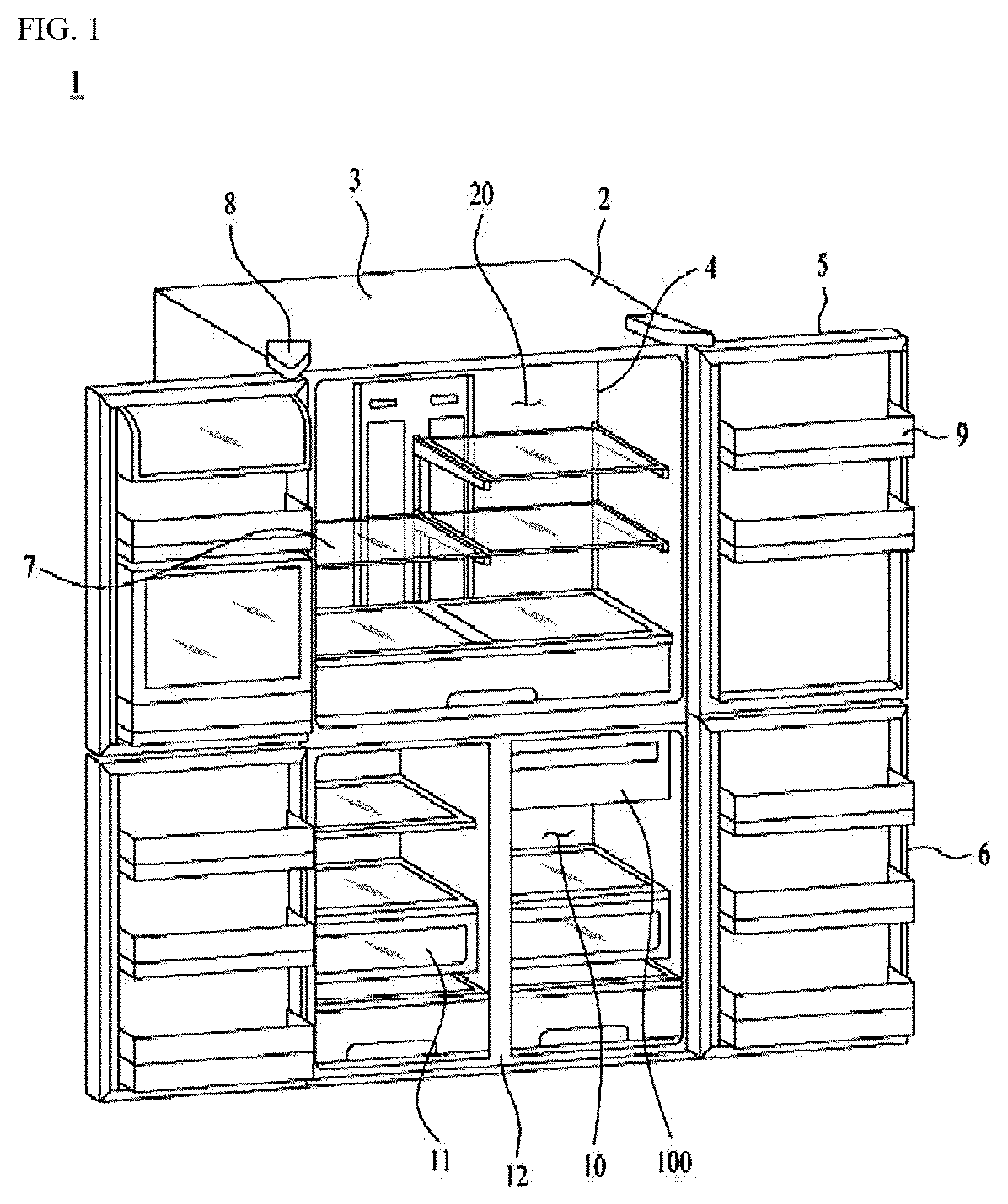 Patent US12422180 Figure 1 – Refrigerator with a thermoelectrically powered rapid freeze comparment
