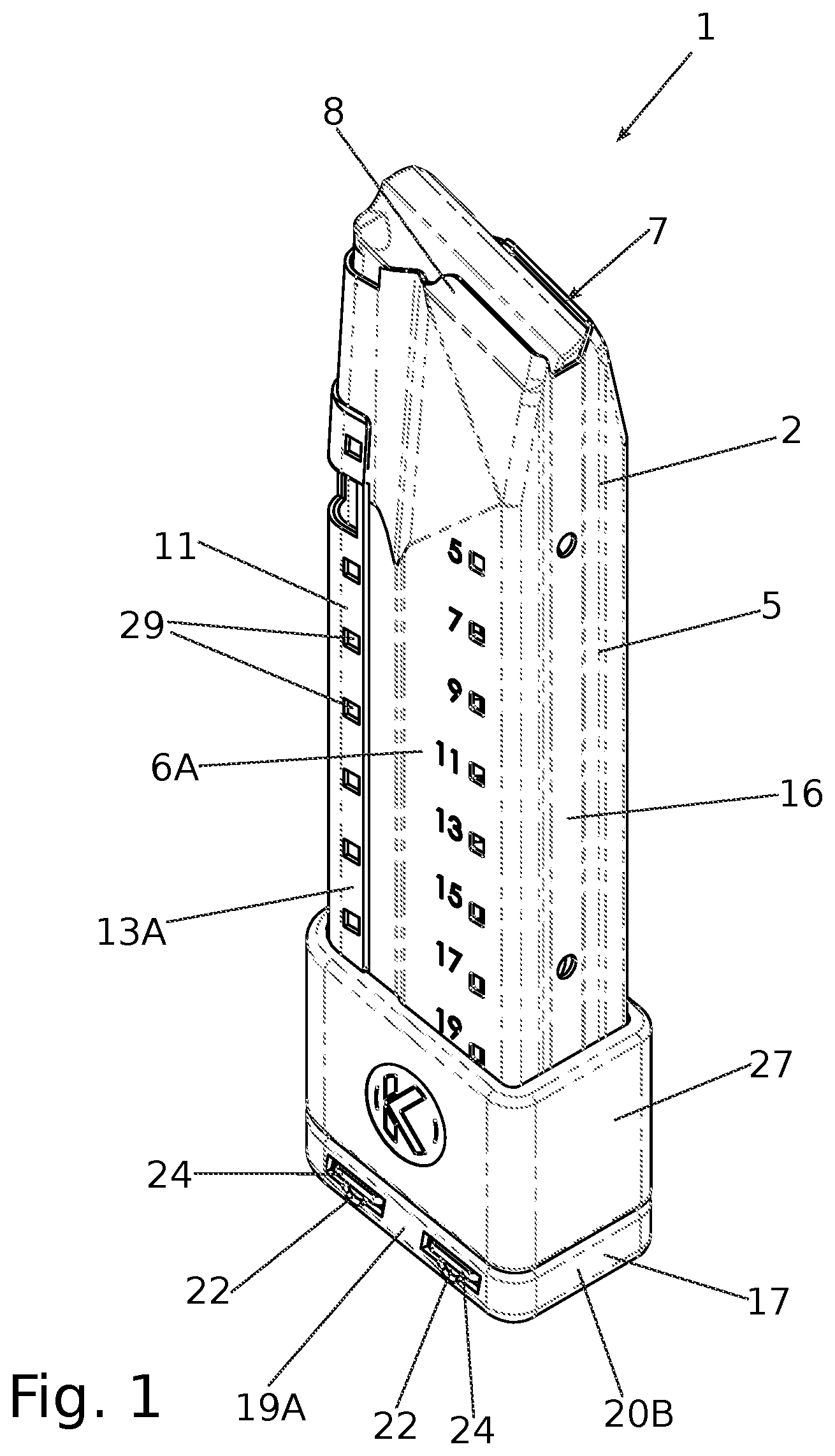Patent US12422205 Figure 1 – Firearm magazine