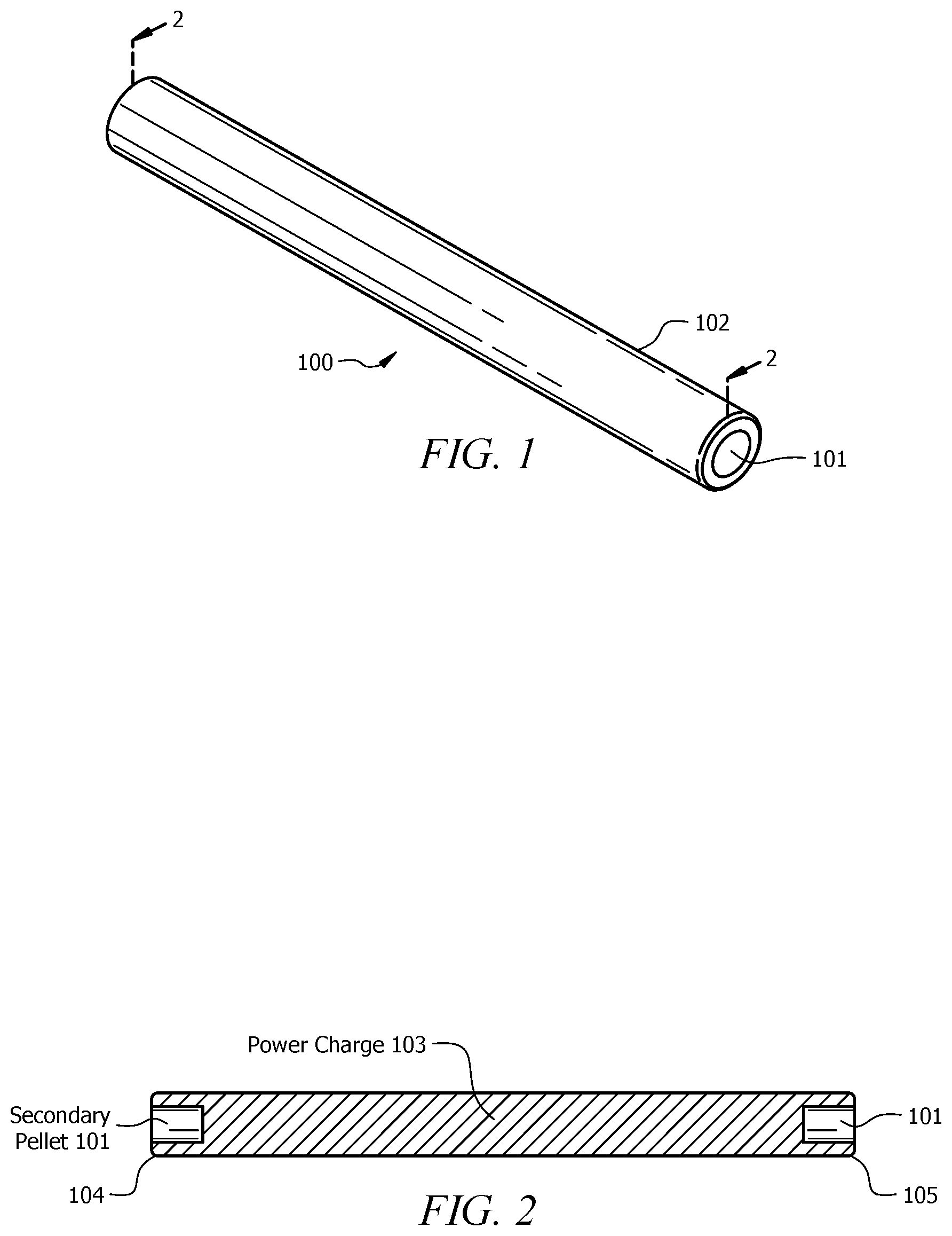 Patent US12422230 — Molded power charge with secondary pellet at each end — Figure 1