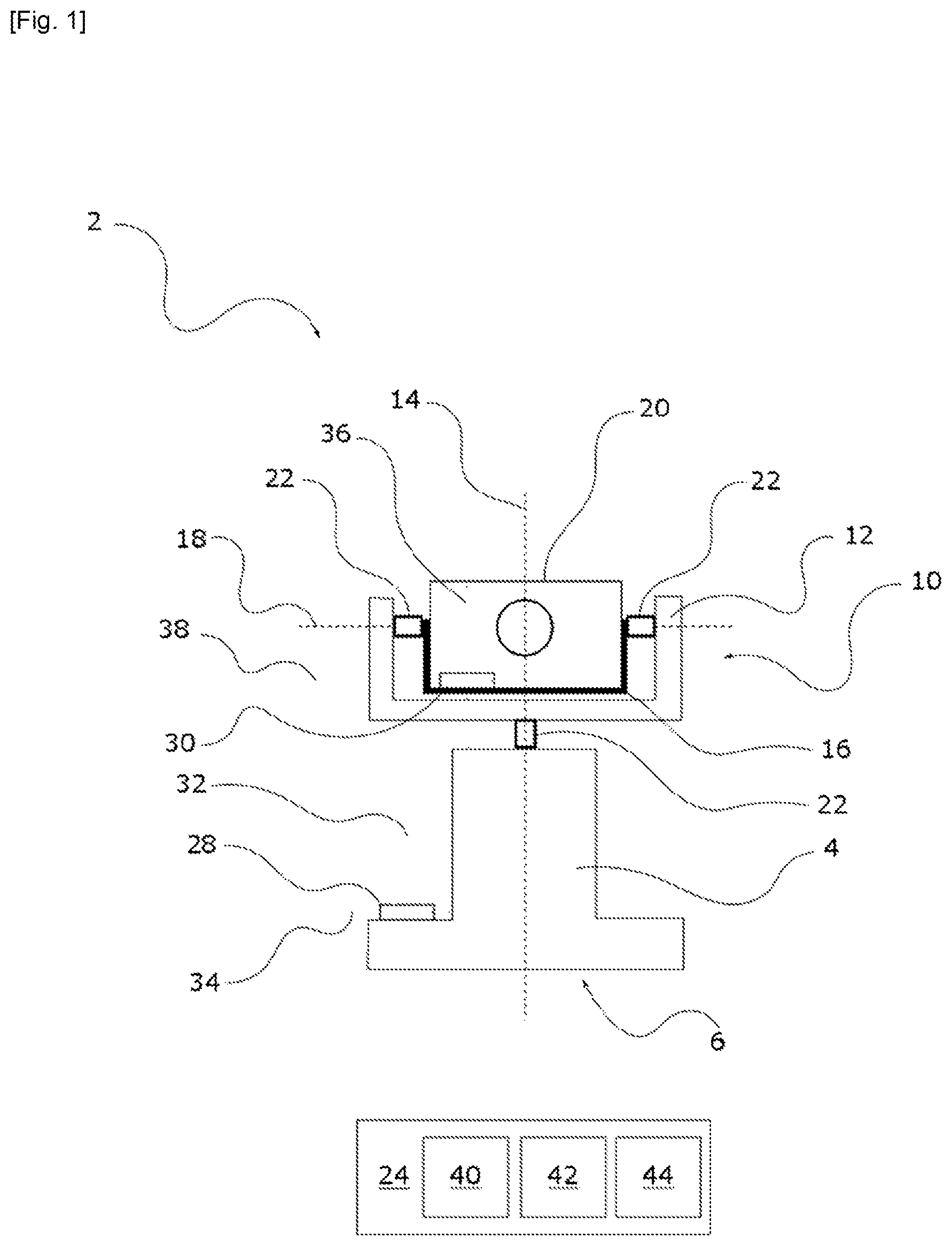 Patent US12422256 Figure 1 – Sighting system comprising a sighting device that can be oriented relative to a base, the system being capable of implementing a simple and rapid on-site calibration method