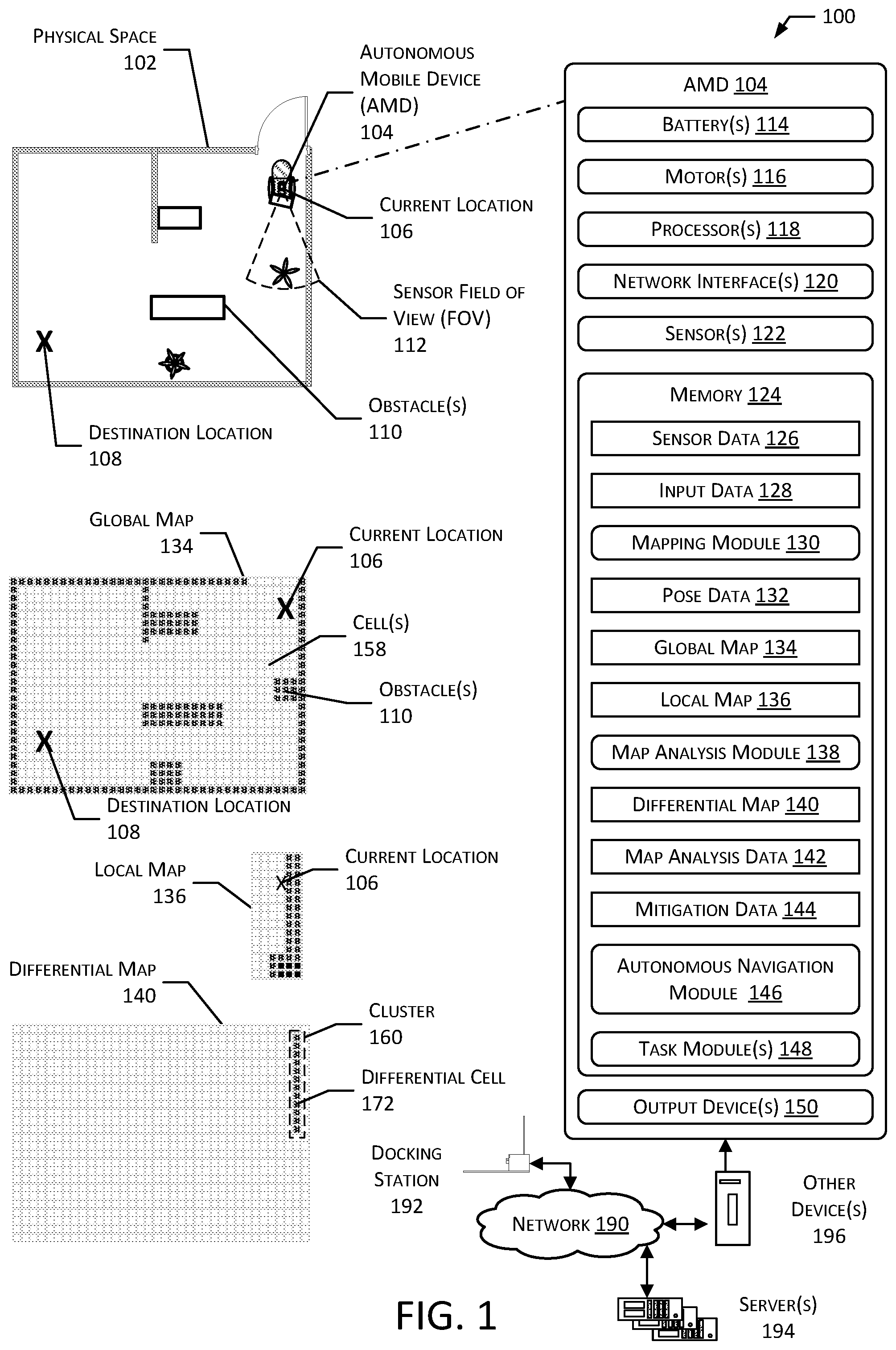 Patent US12422276 — System to determine map data for autonomous mobile device map — Figure 1