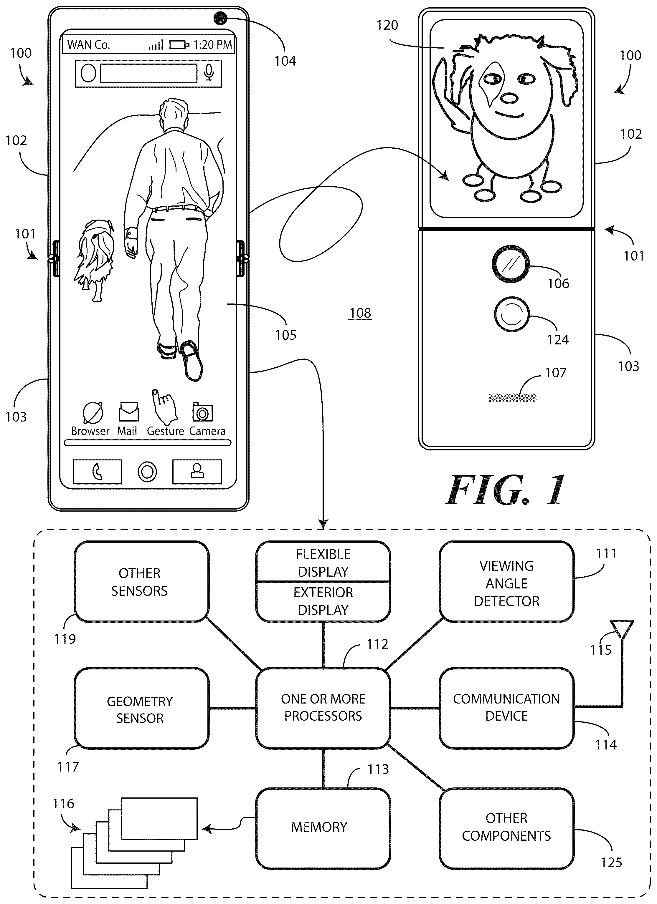 Patent US12422896 — Methods and electronic device enabling movement of content on a flexible display in response to user movement — Figure 1