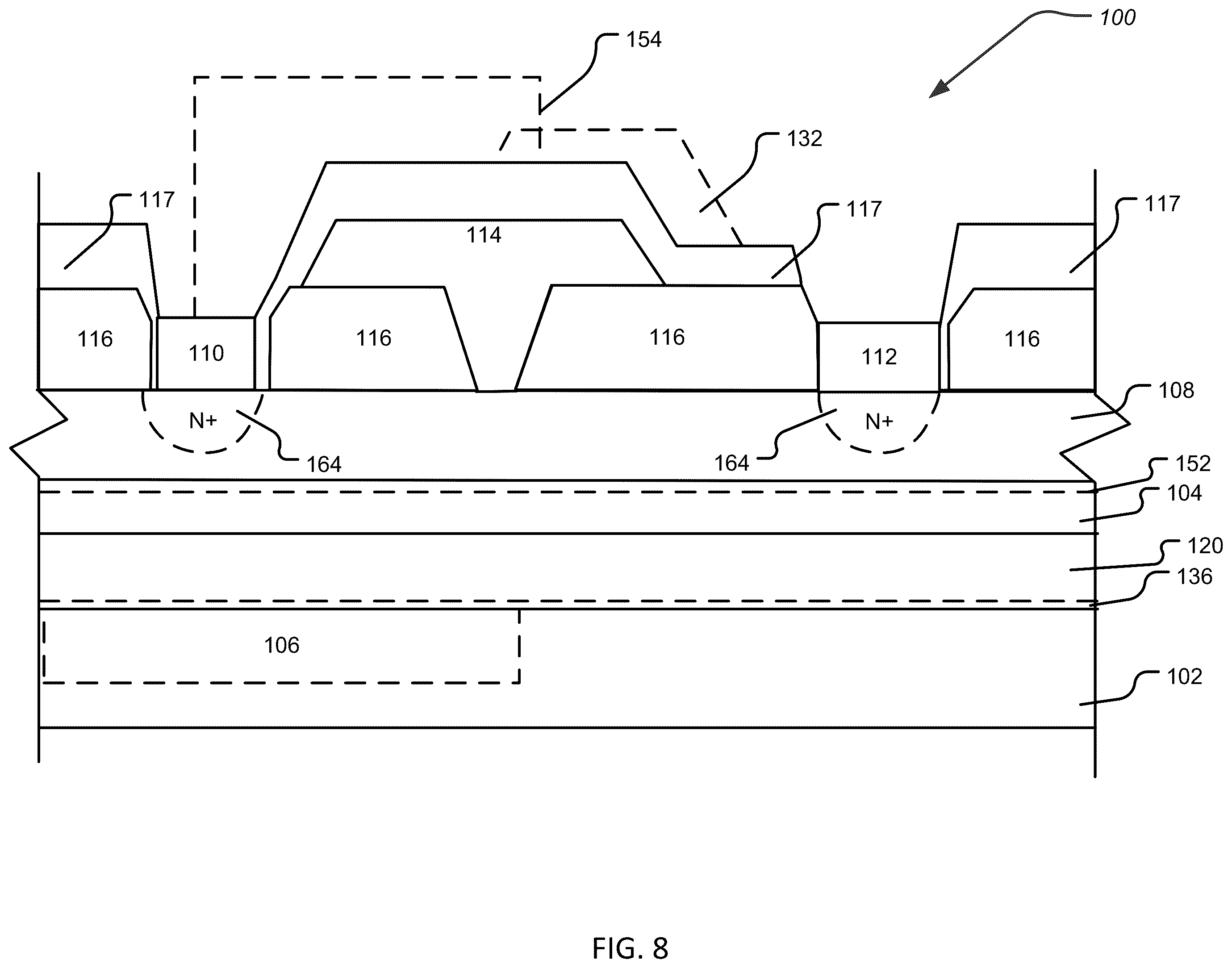 Patent US12426293 Figure 8 – Group III-nitride transistors with back barrier structures and buried p-type layers and methods thereof