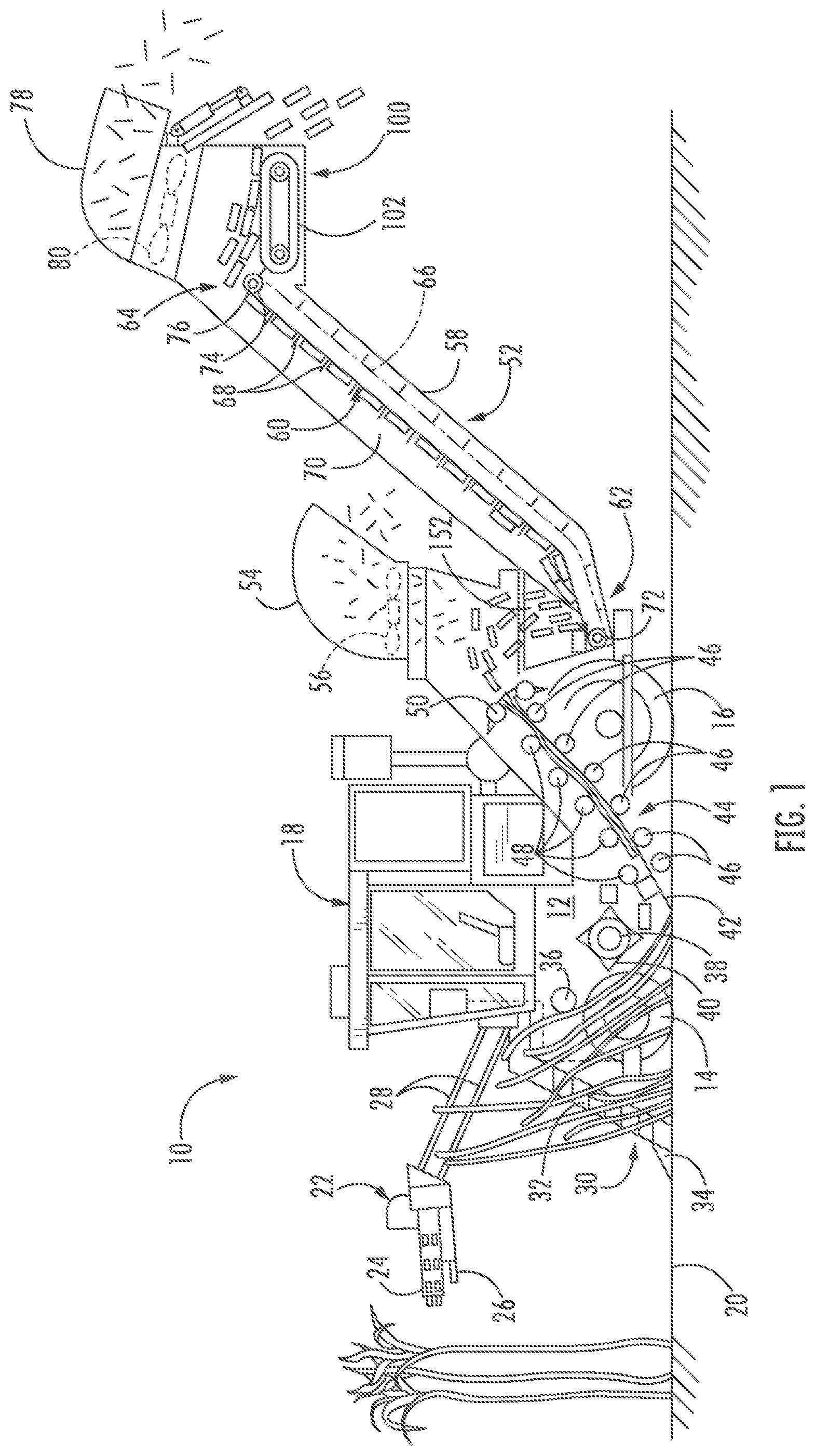Patent US12426540 Figure 1 – Elevator assembly for an agricultural harvester with a storage hopper having a conveyor therein