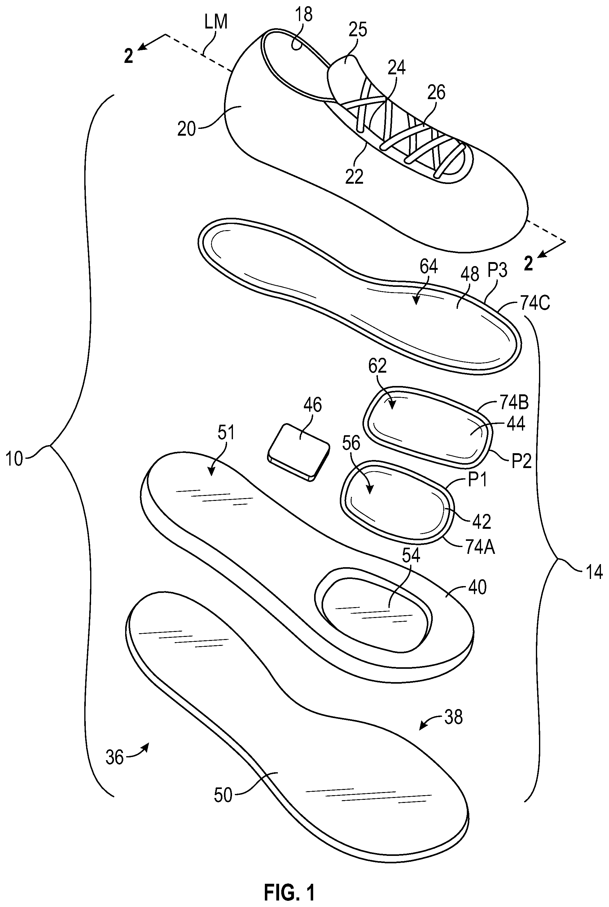 Patent US12426679 — Article of footwear with stacked forefoot bladders — Figure 1