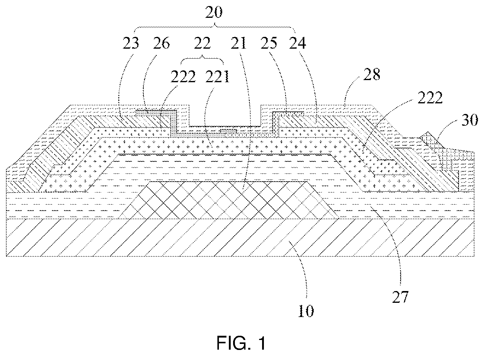 Patent US12433041 — Array substrate with quasi-ohmic contact layer and photosensitive semiconductor layer and display panel — Figure 1