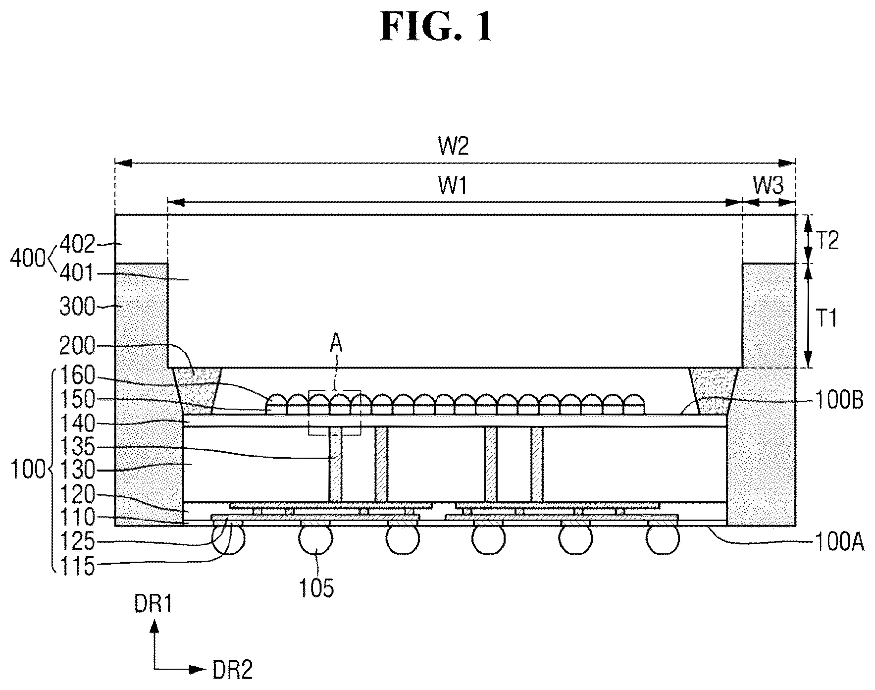 Patent US12433050 — Semiconductor package with protective mold — Figure 1
