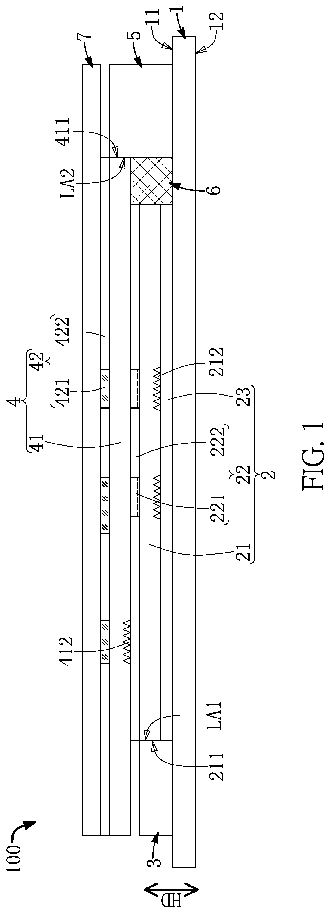 Patent US12433083 Figure 1 – Display device with multi-layered structure for presenting luminous images of different colors