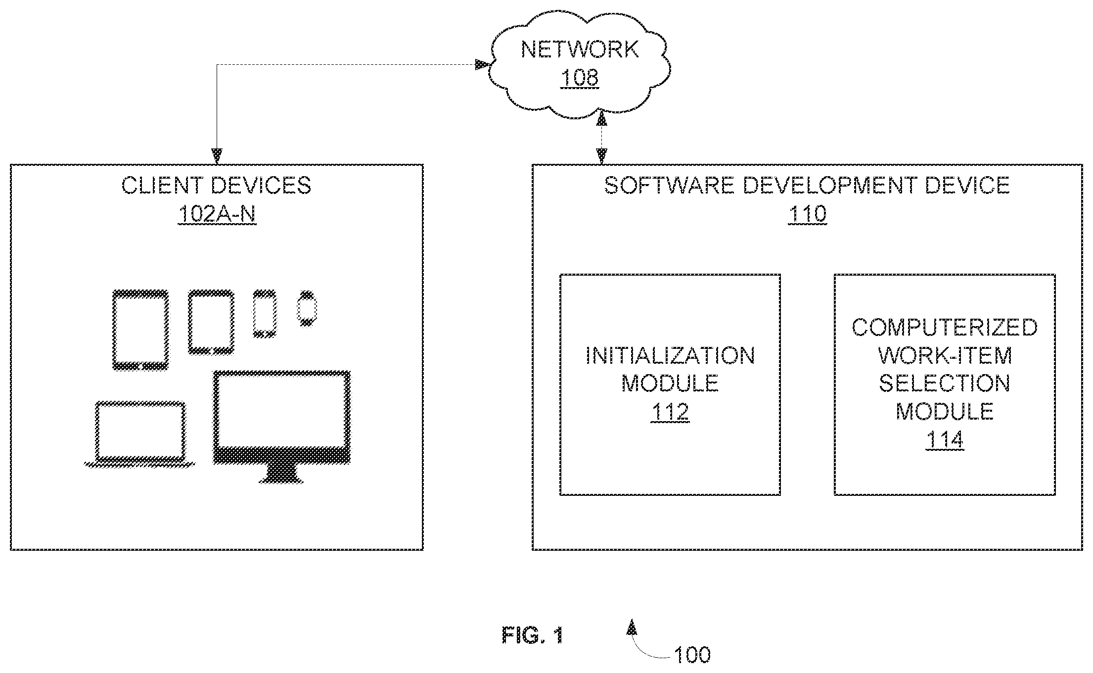 Patent US12437247 Figure 1 – Computerized work-item selection and progress tracking based on a set of prioritized computer-executable rules