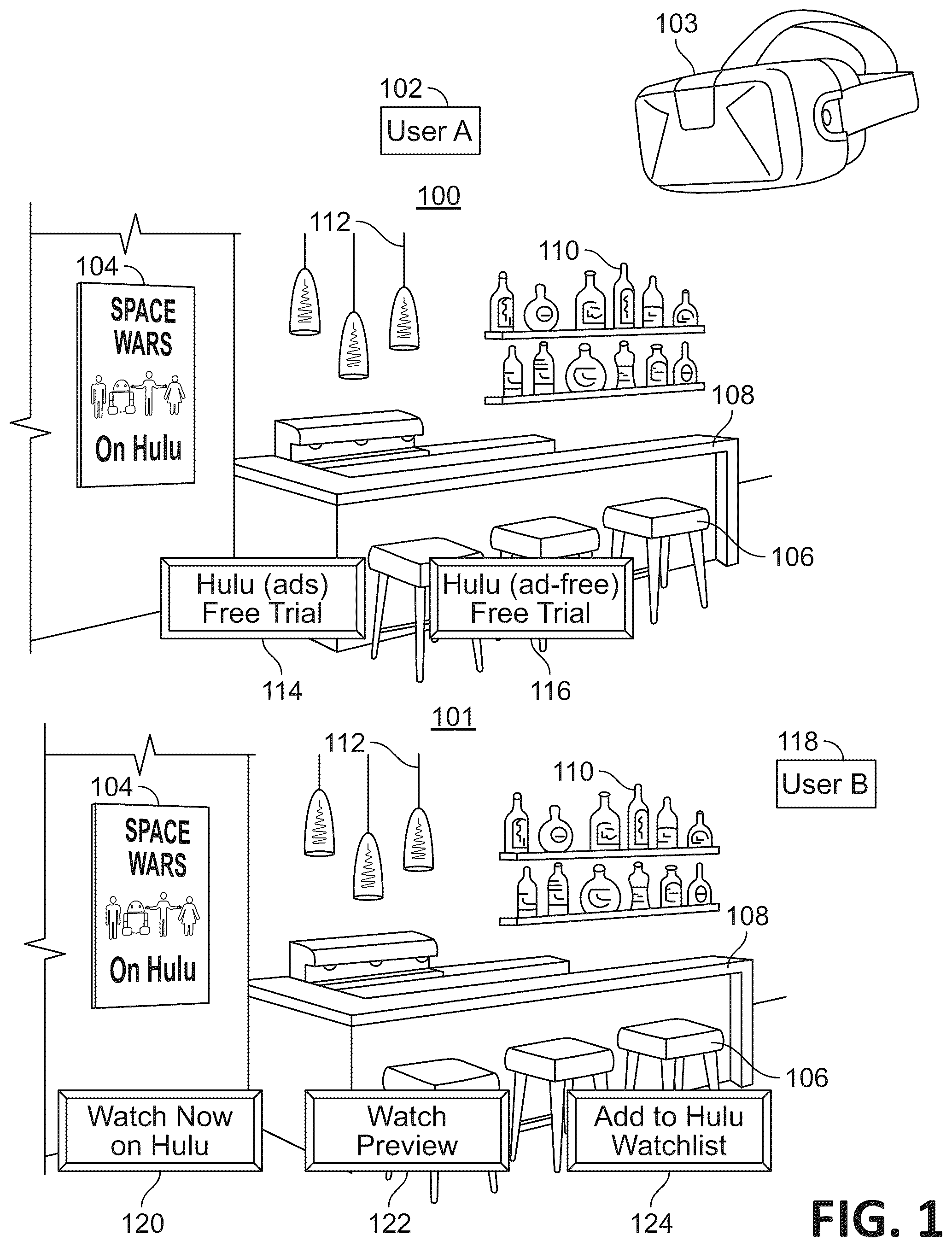 Patent US12437471 — Personalized user engagement in a virtual reality environment — Figure 1