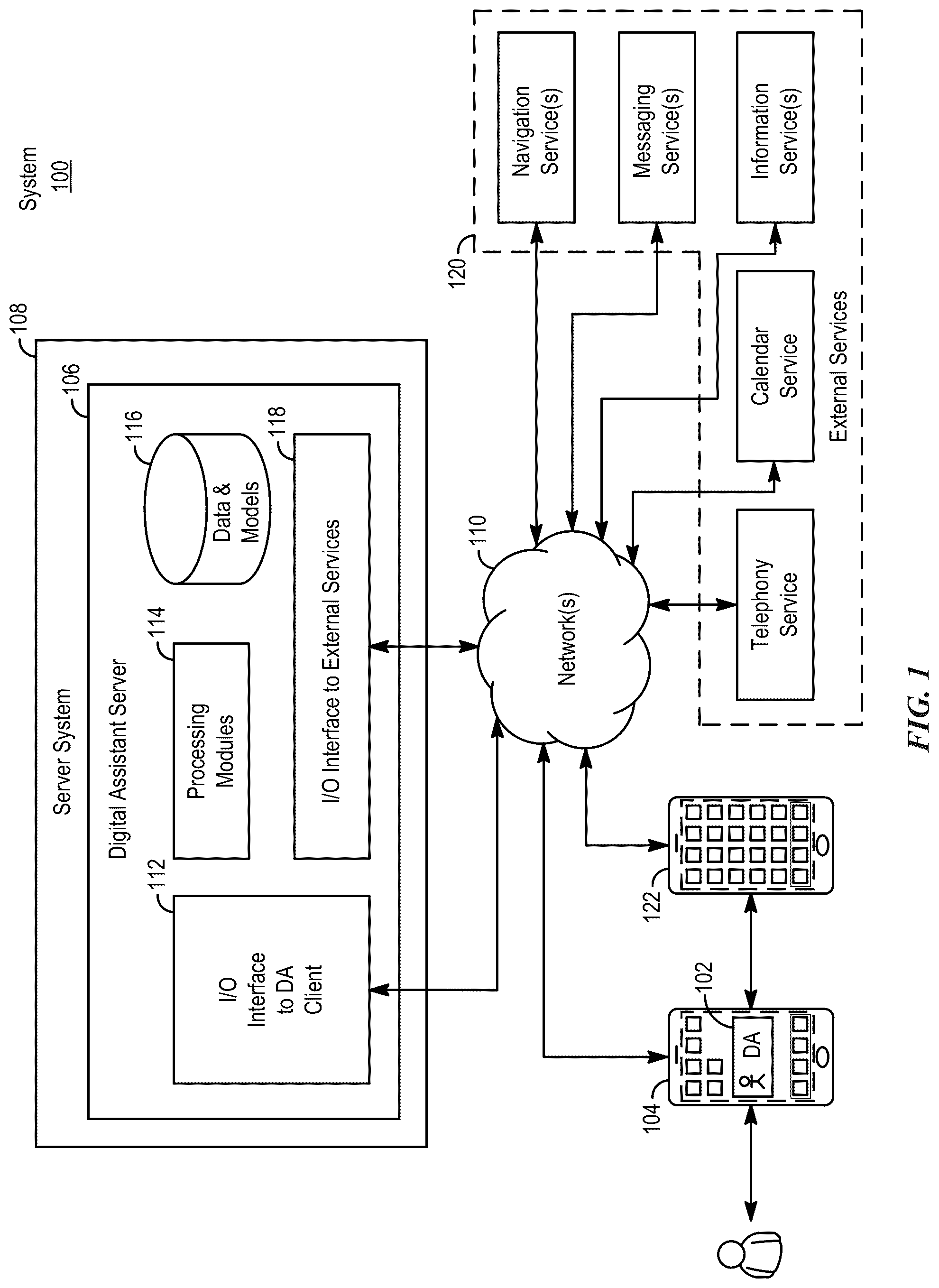 Patent US12437747 Figure 1 – Digital assistant for providing and modifying an output of an electronic document