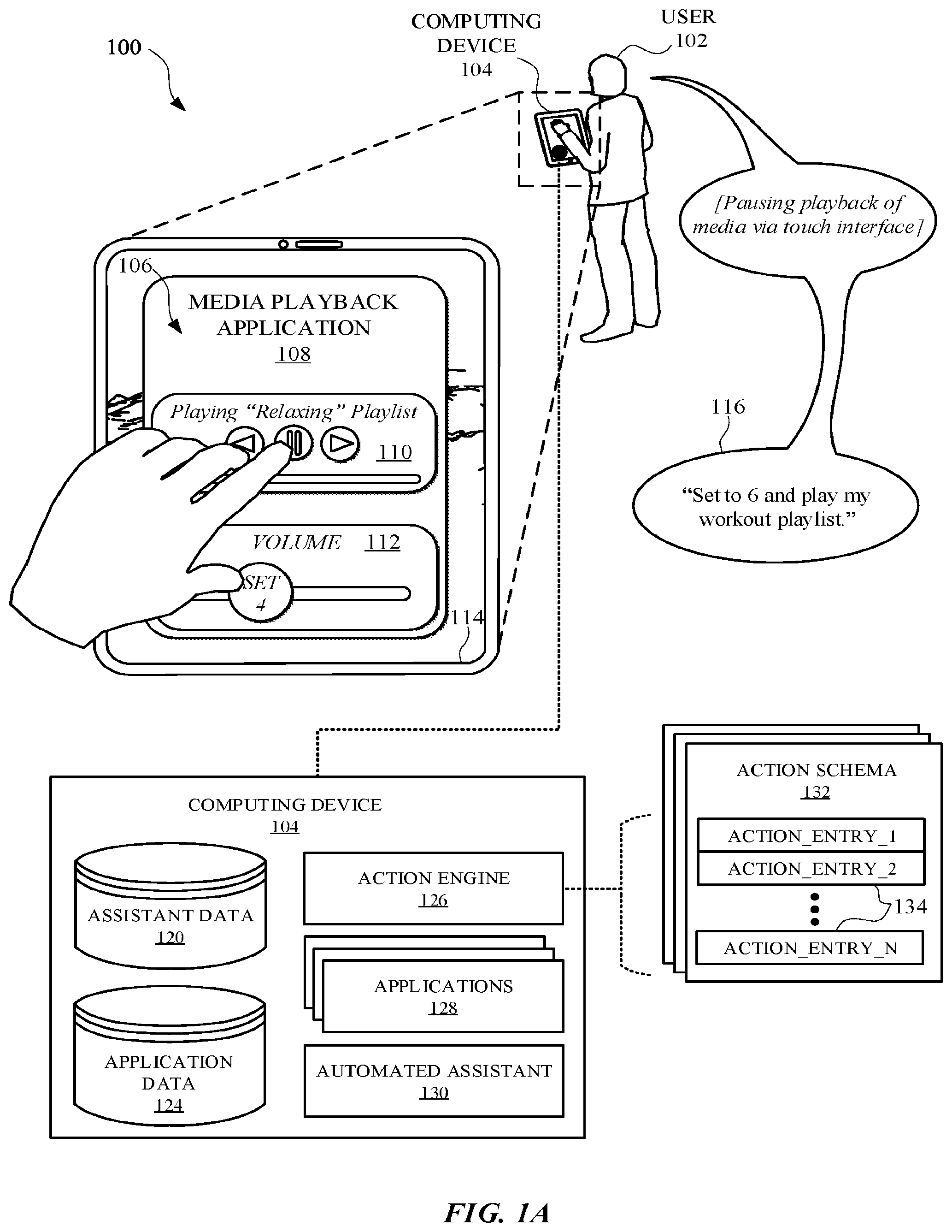 Patent US12437764 Figure 1 – Initializing non-assistant background actions, via an automated assistant, while accessing a non-assistant application