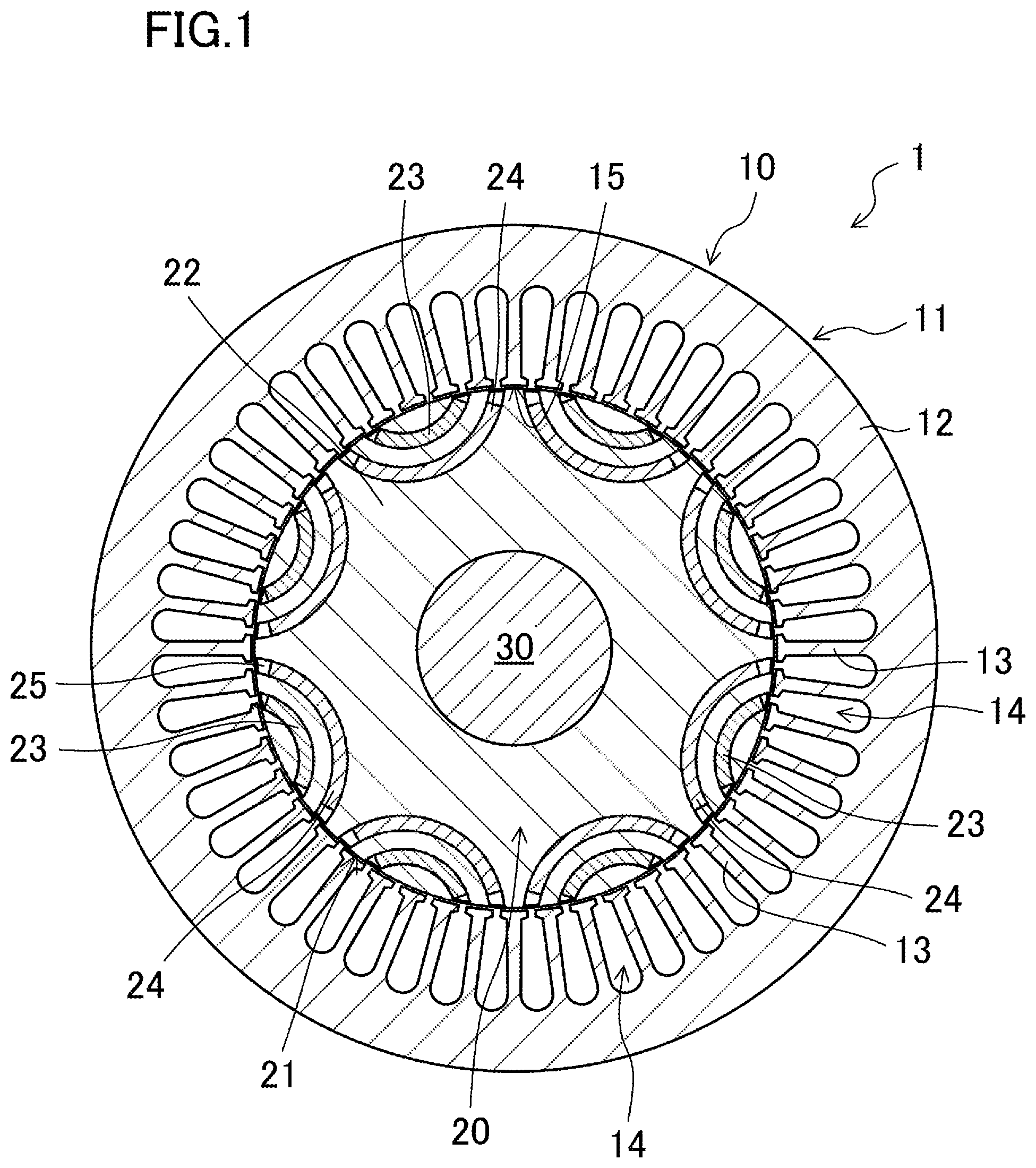 Patent US12445002 Figure 1 – Magnet-embedded rotating machine with magnets having different coercive forces