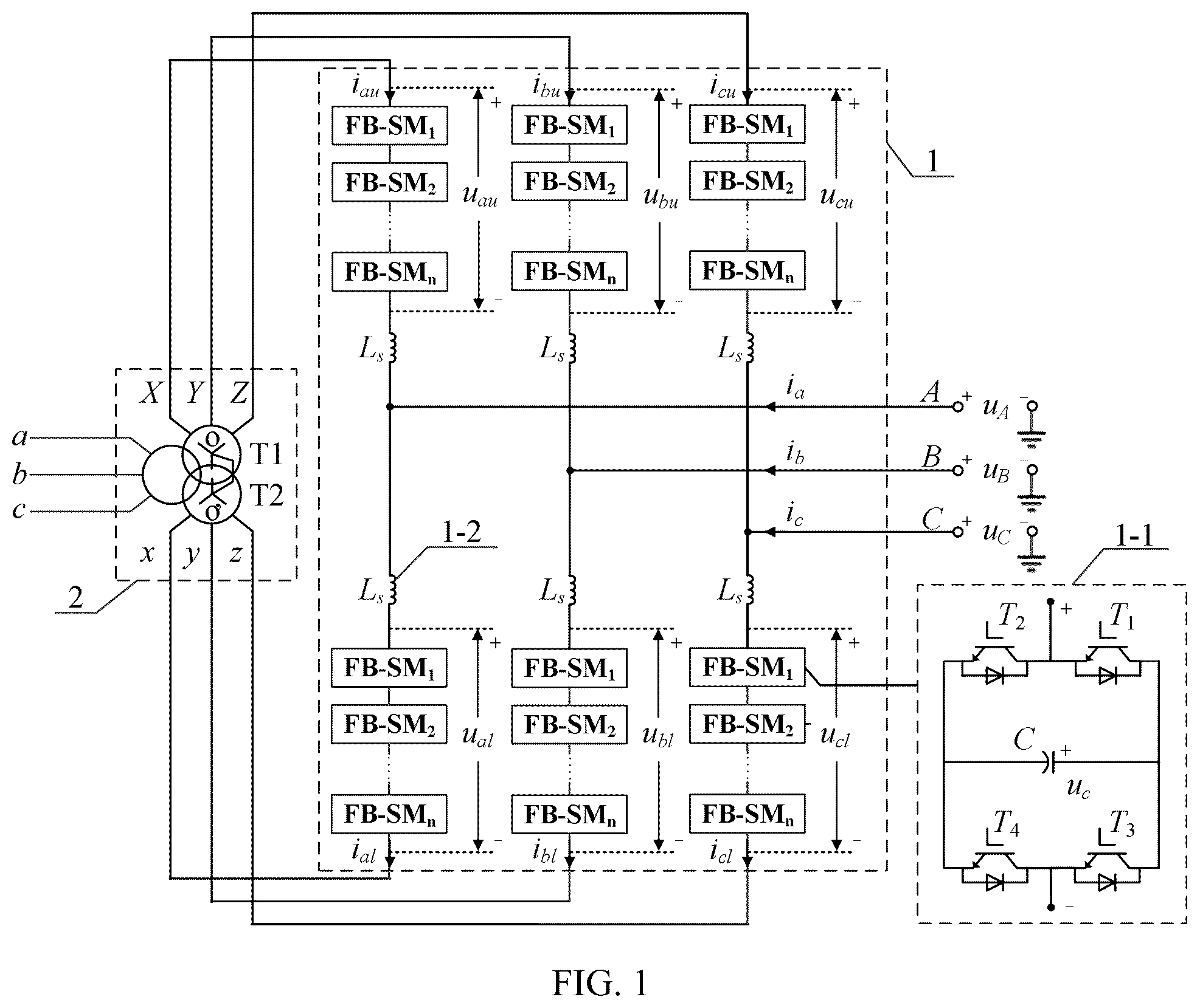 Patent US12445060 — Positive and negative bipolar modular multilevel alternating current-alternating current frequency converter — Figure 1