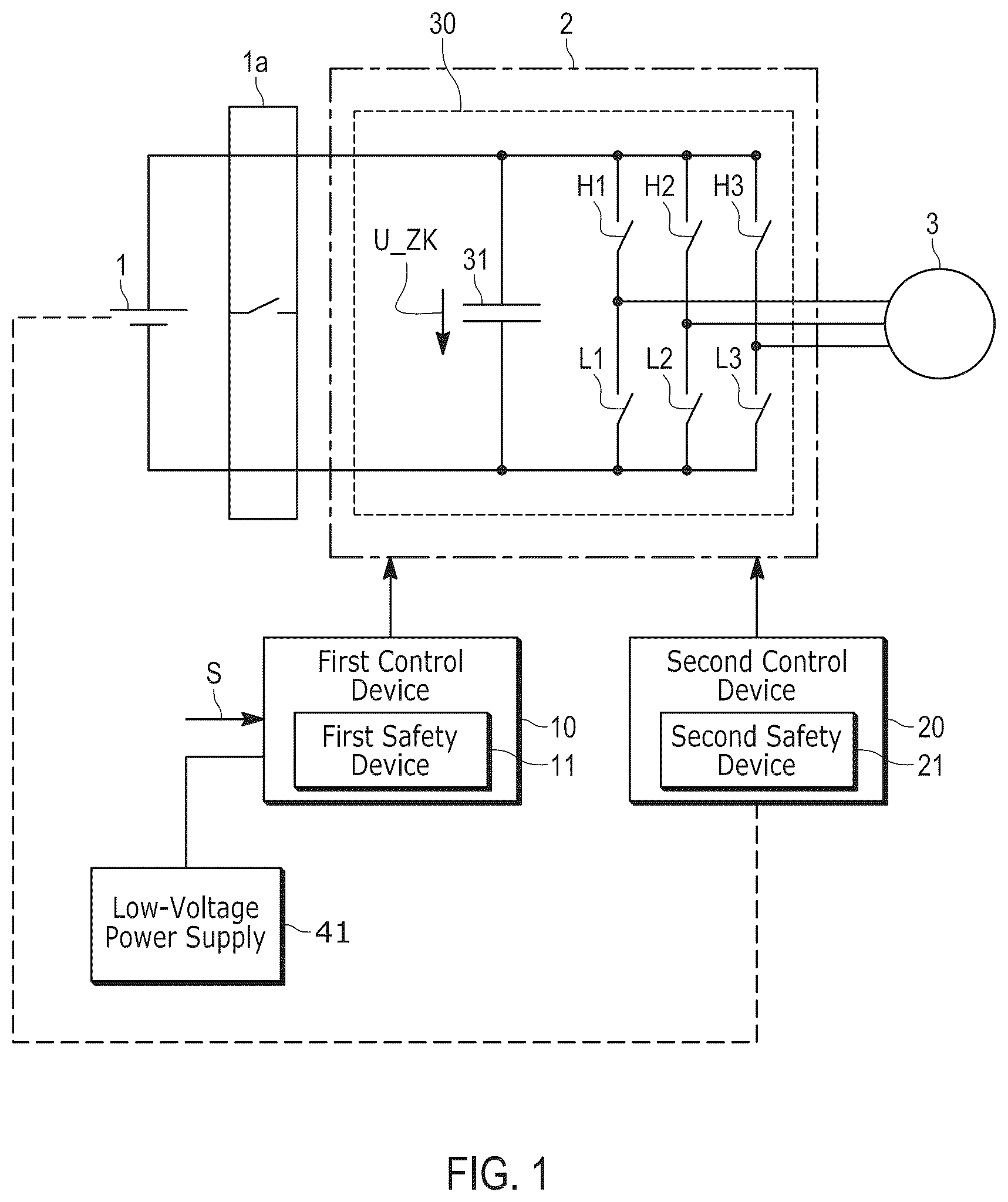 Patent US12445068 — Control device for an inverter, electric drive system and method for establishing a safe operating mode — Figure 1