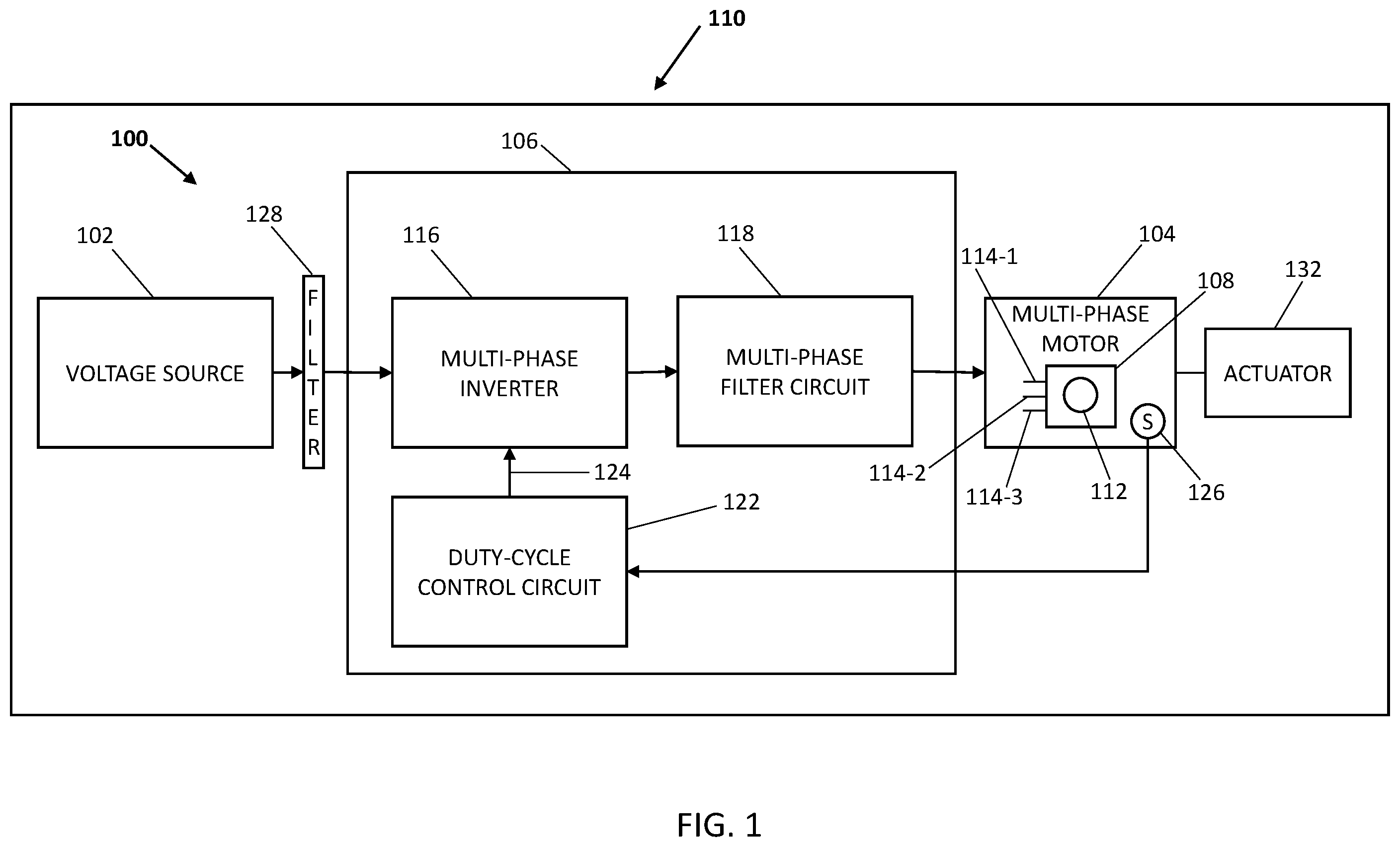Patent US12445079 — Motor control system for energizing a low-voltage motor from a high-voltage source — Figure 1