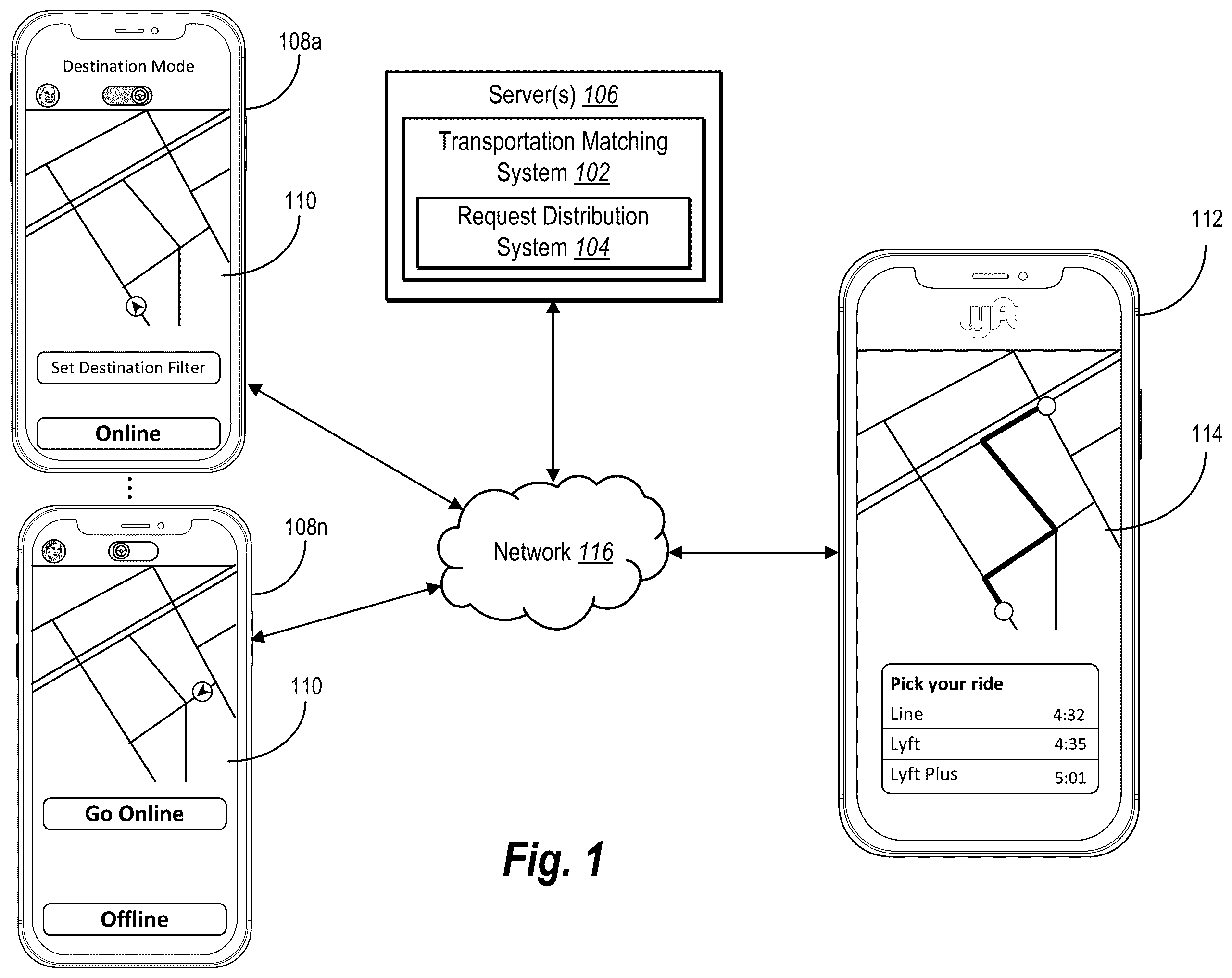 Patent US12445802 Figure 1 – Intelligently transmitting digital transportation requests to provider devices to increase network coverage time and improve transportation system efficiency