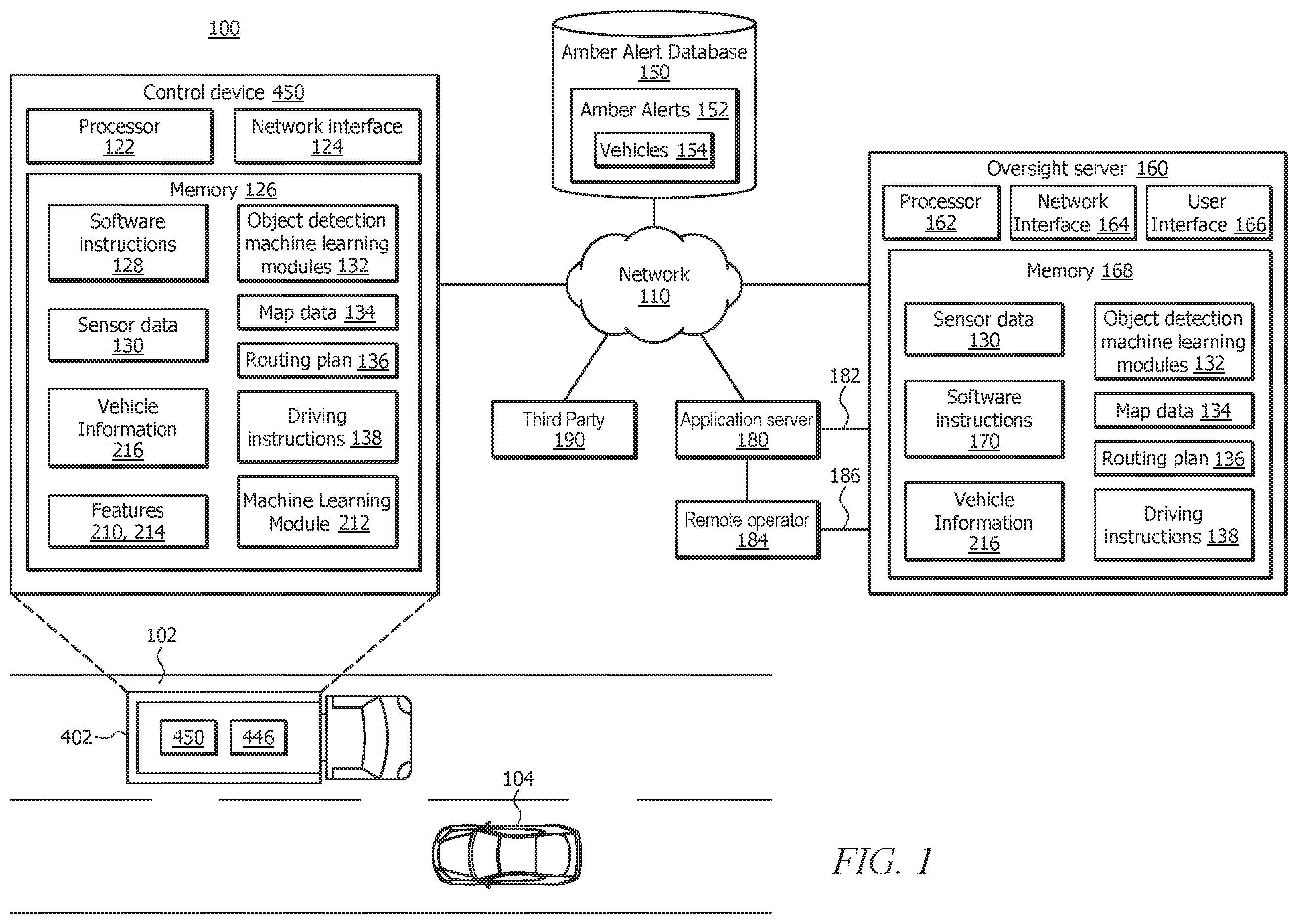 Patent US12448004 — Vehicle of interest detection by autonomous vehicles based on amber alerts — Figure 1