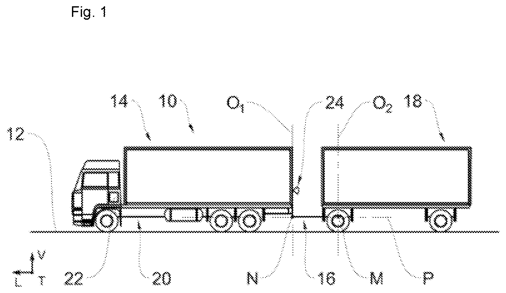 Patent US12448043 — Method for determining the angular position of a complex vehicle with two axes of rotation, and system configured to implement such a method — Figure 1