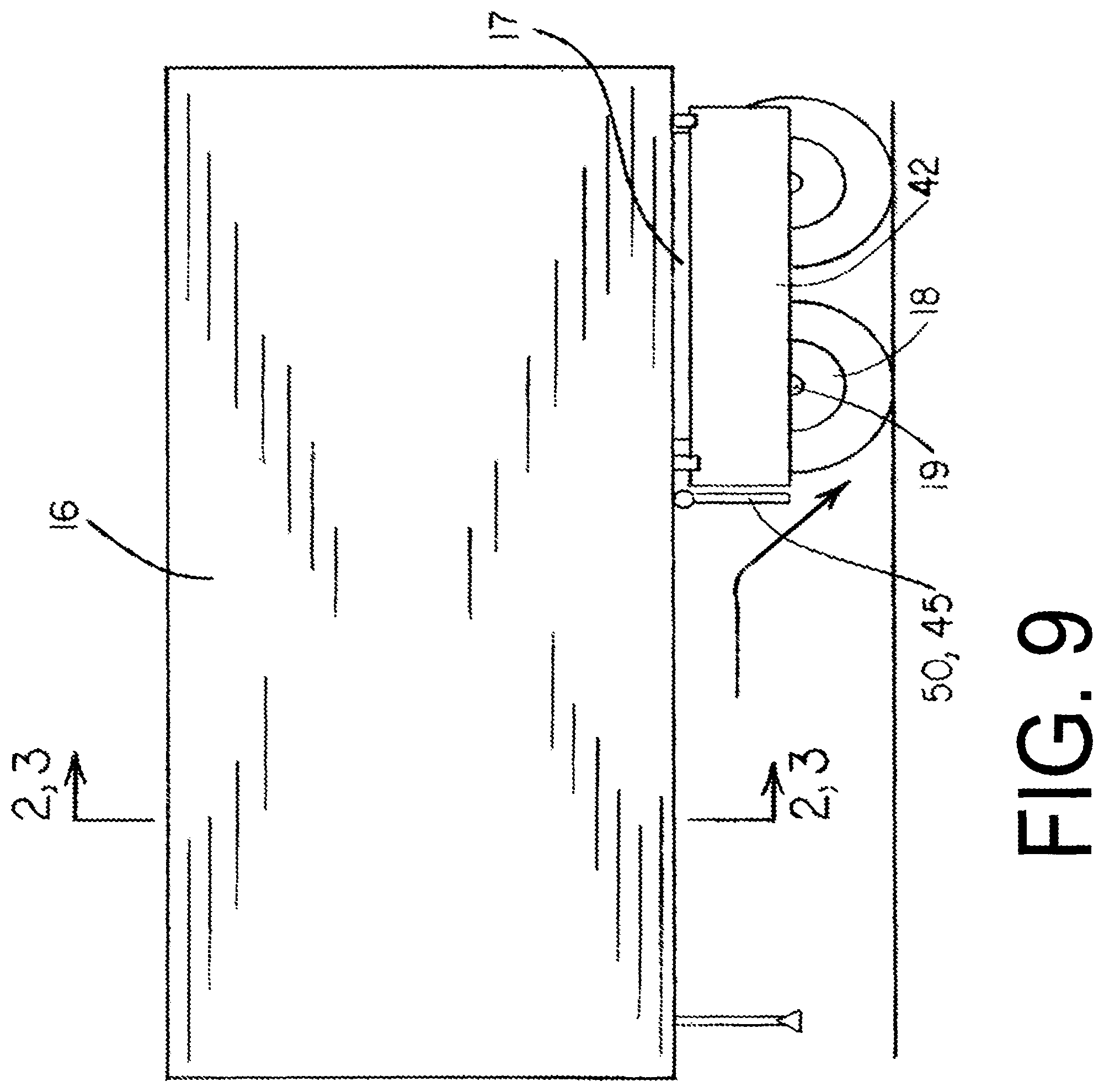 Patent US12448058 Figure 9 – Laterally inset trailer skirt and inner wheel skirt panel, each reducing vehicle drag