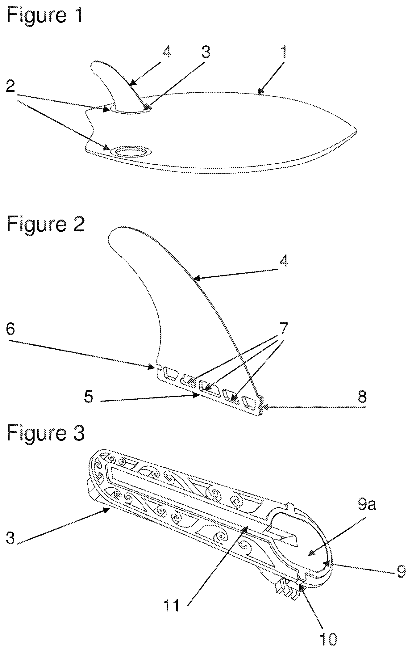Patent US12448087 — Means for removably installing fins on a board for use in water sports — Figure 1